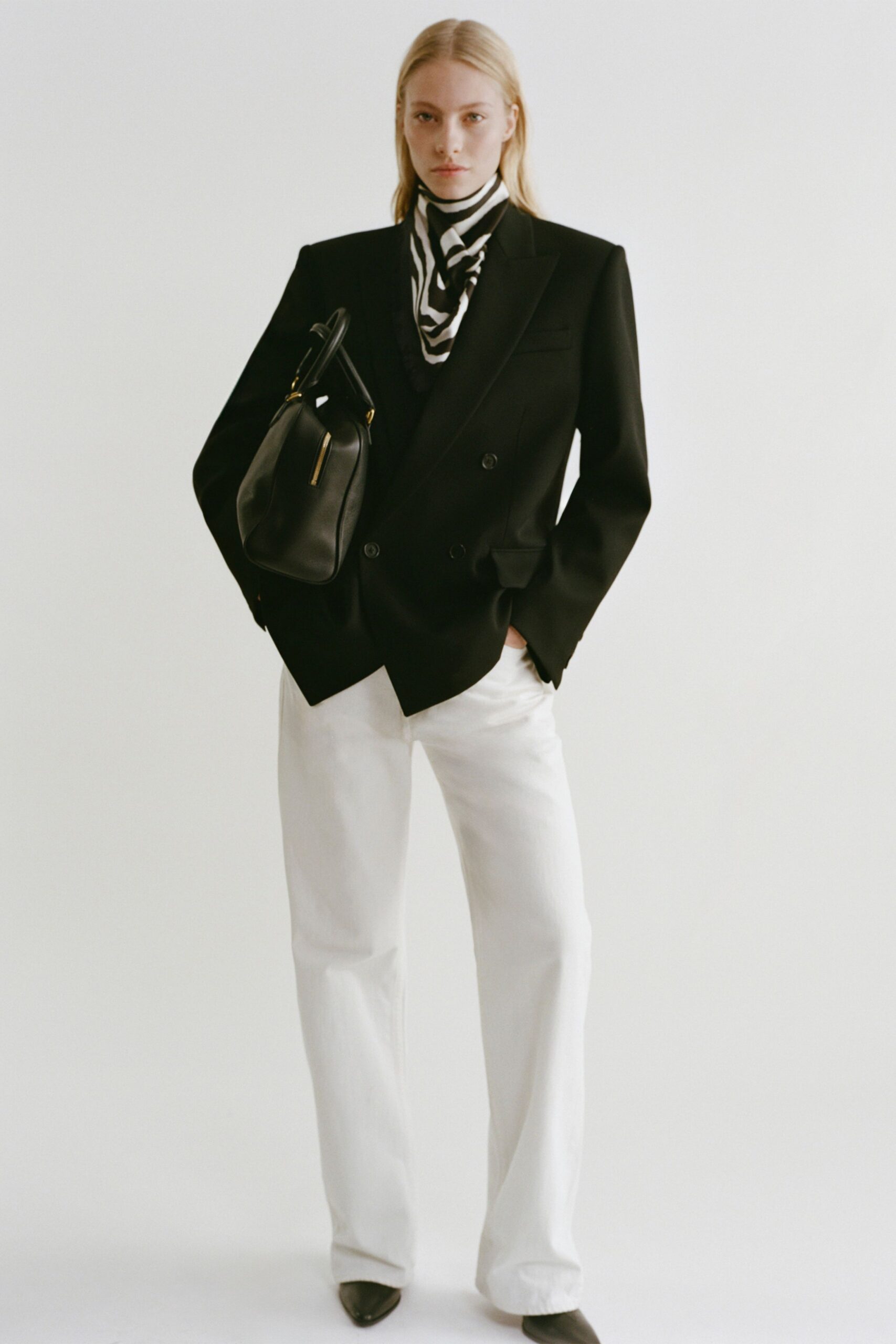 black blazer white pants