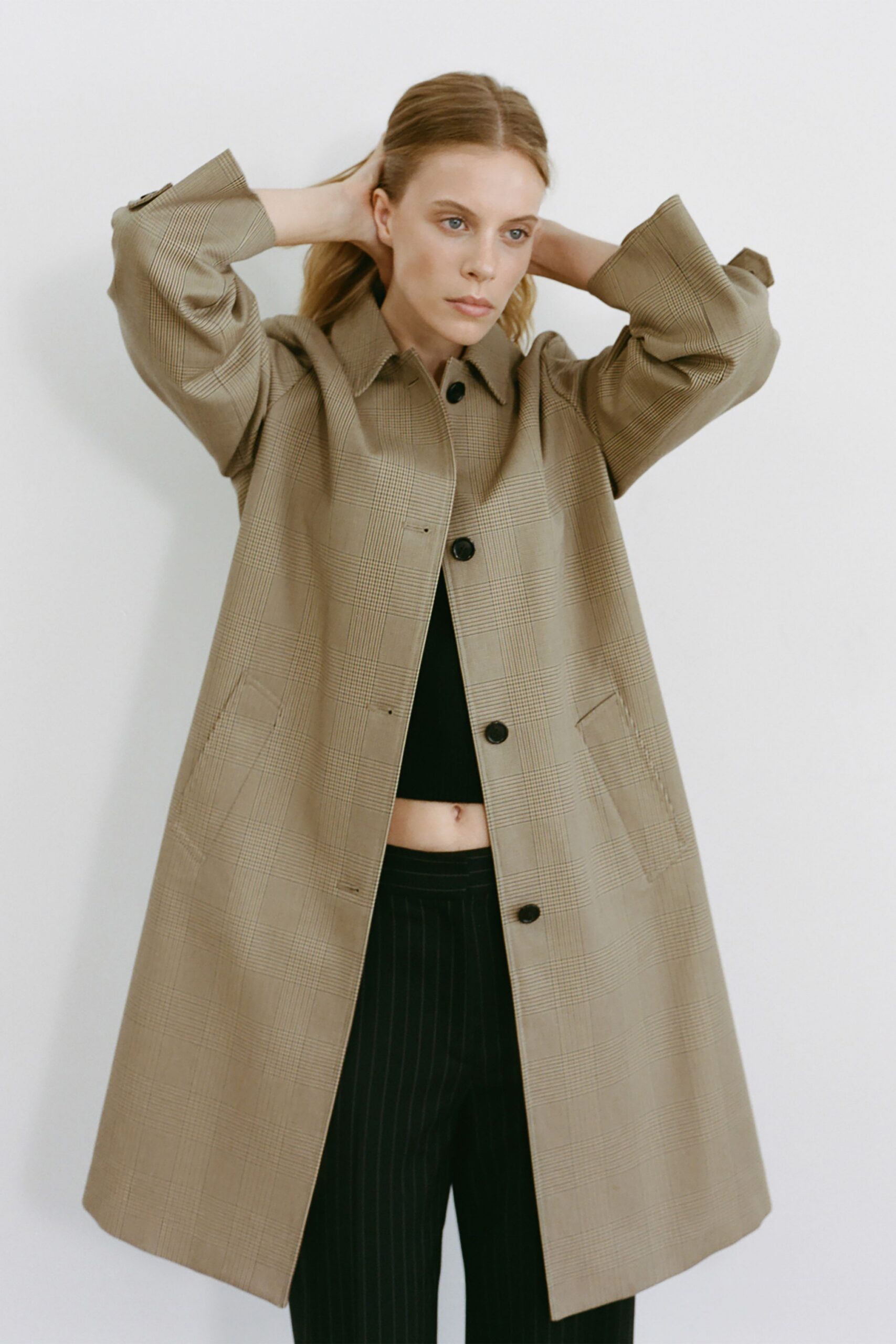 beige cotton long-sleeve collared relaxed buttoned midi coat