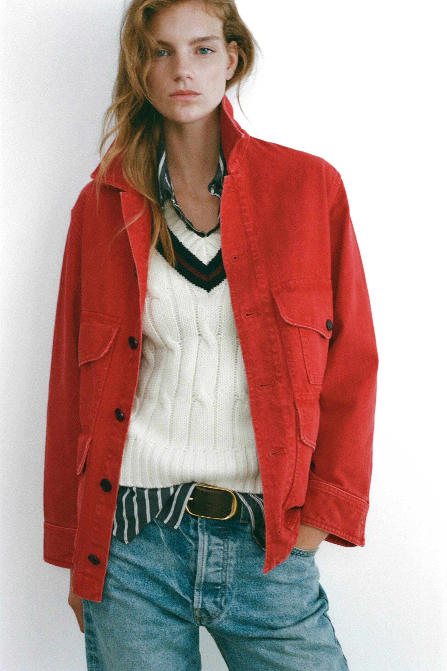 red cotton long-sleeve collared relaxed buttoned jacket