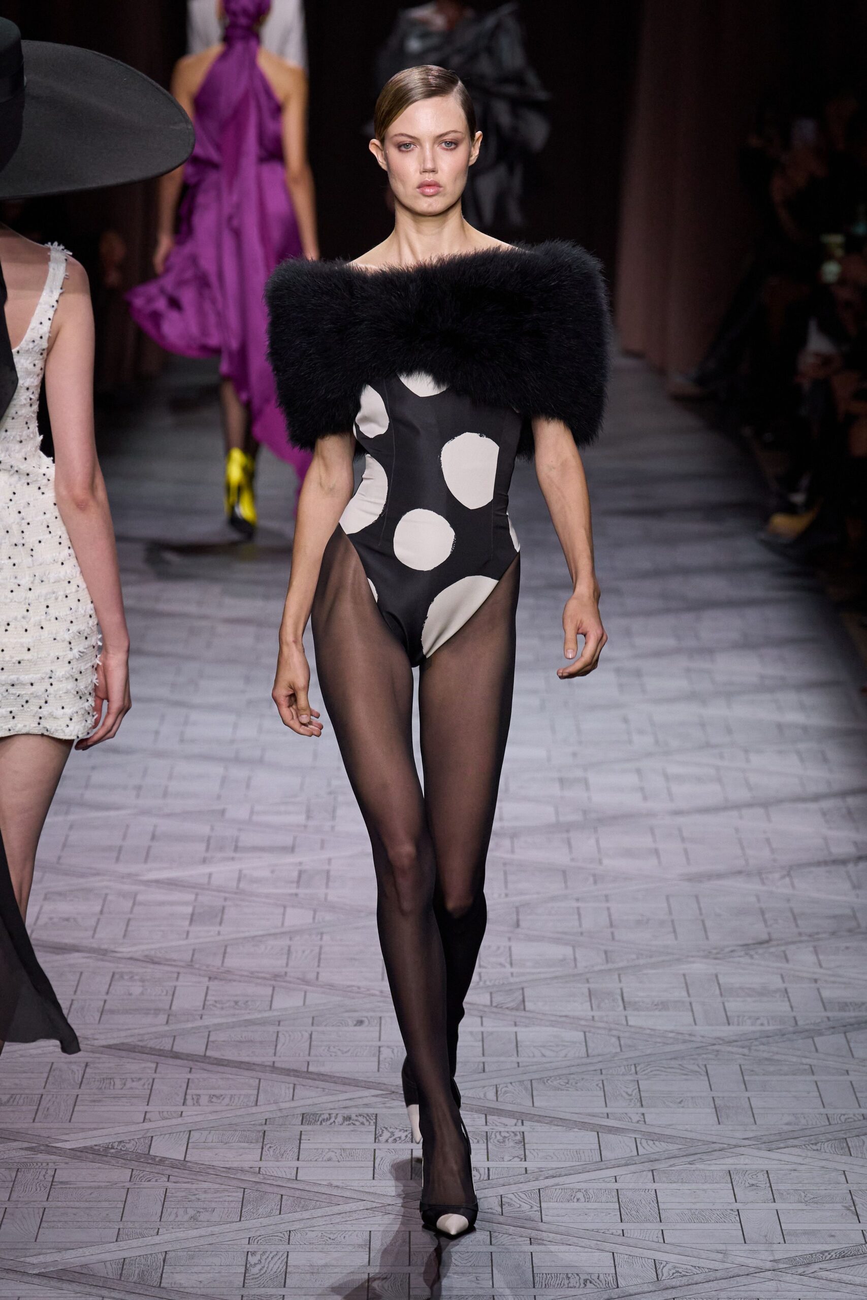 black and white polka-dot bodysuit