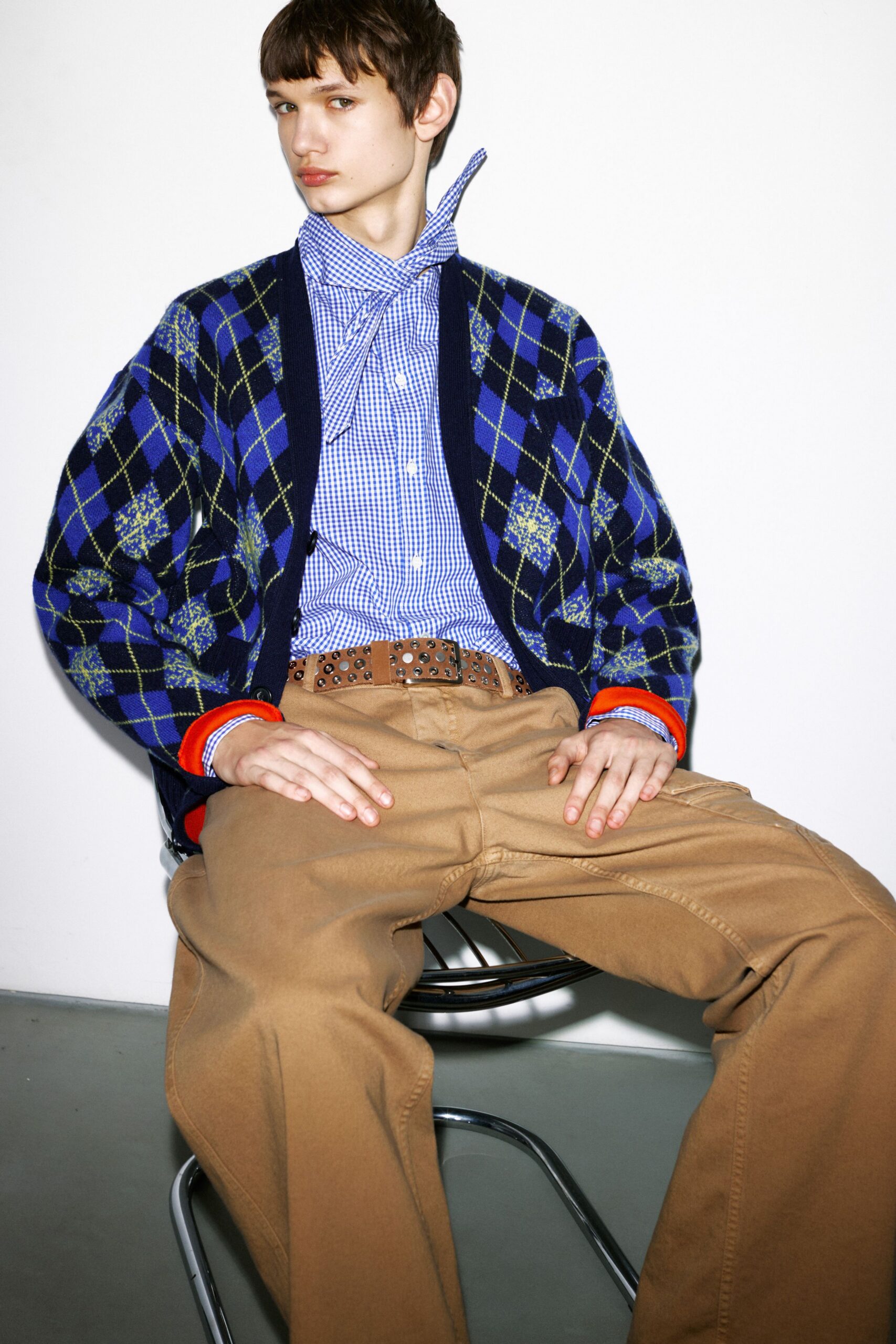 blue cotton long-sleeve relaxed checked cardigan