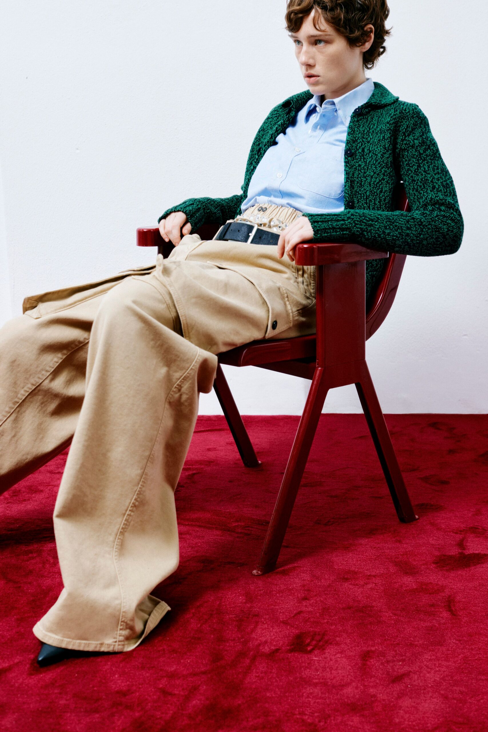green cotton long-sleeve collared relaxed textured cardigan