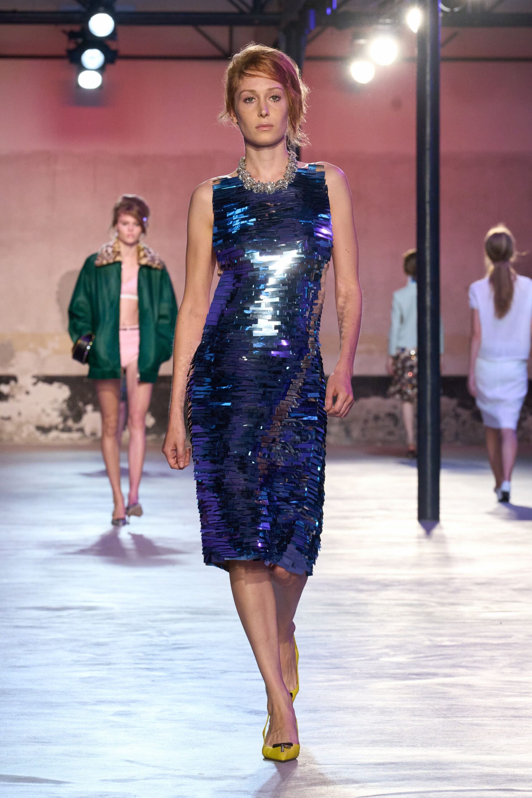 blue sequin midi dress with yellow shoes
