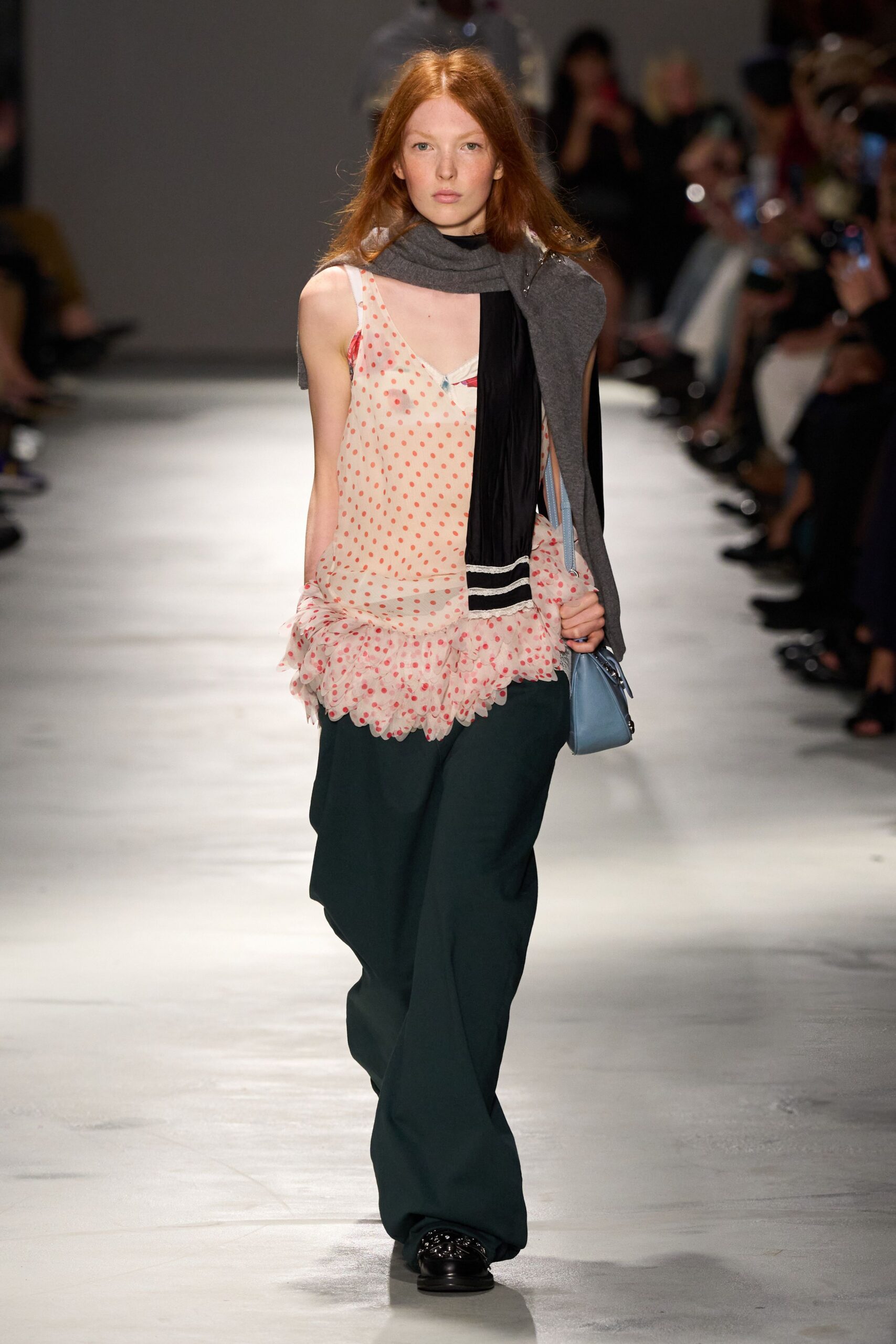 pink polka-dot top with wide-leg pants