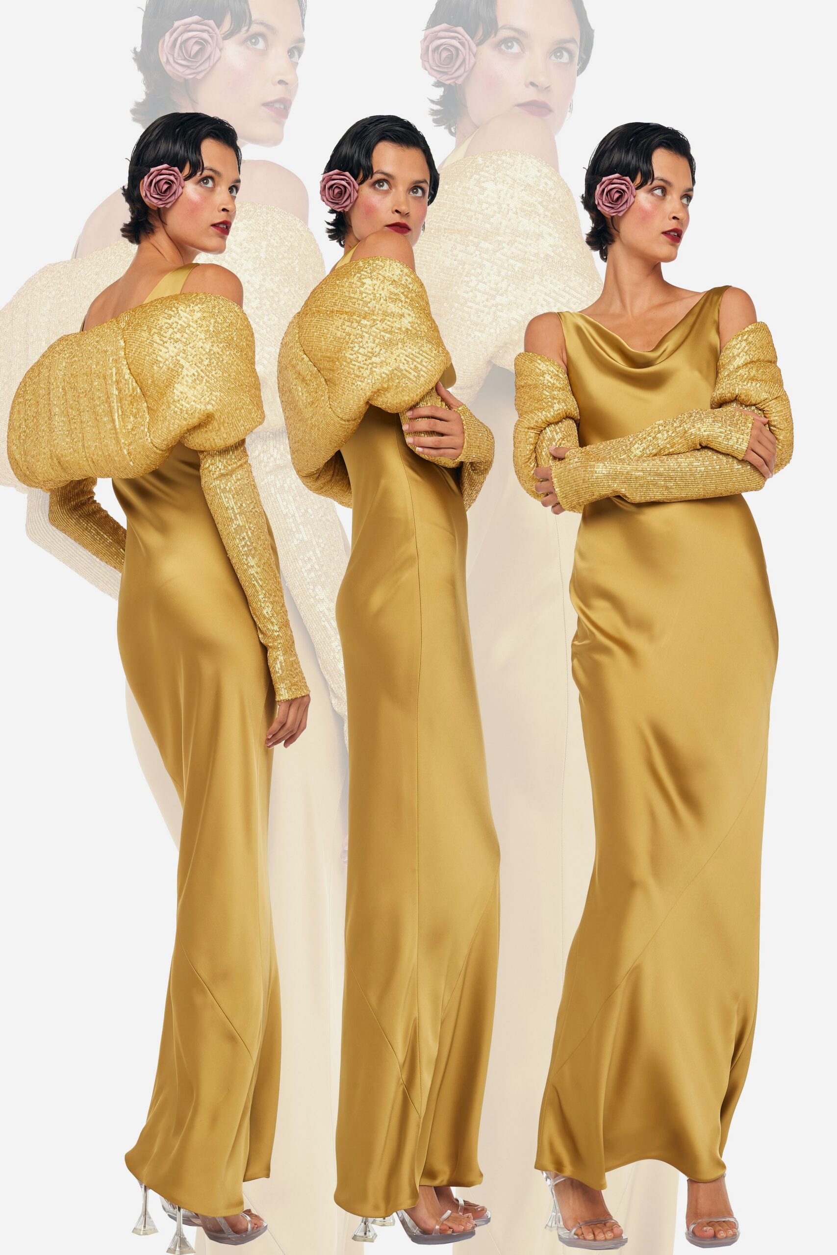 gold satin long-sleeve fitted padded gloves