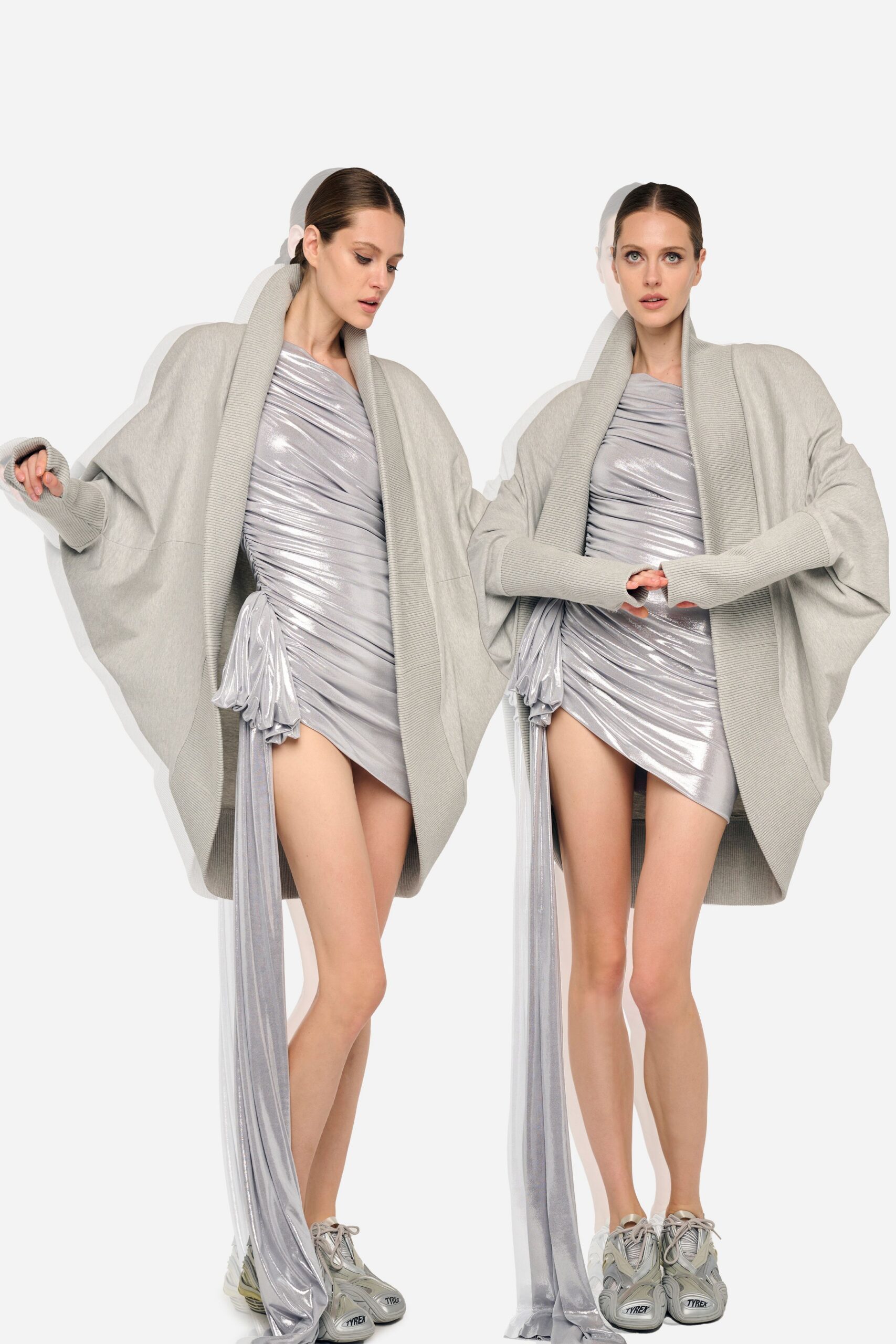 silver ruched mini dress with gray coat