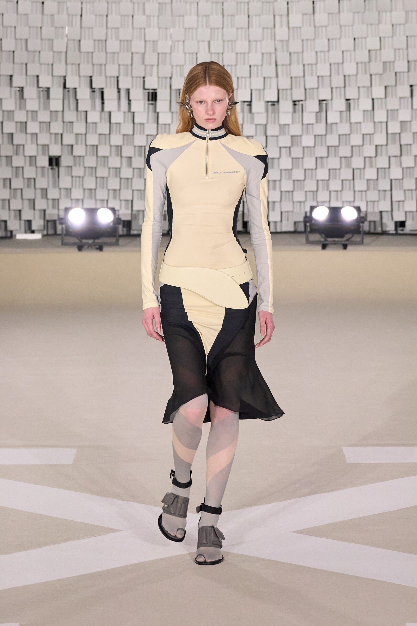 beige neoprene long-sleeve high-neck fitted zippered draped dress