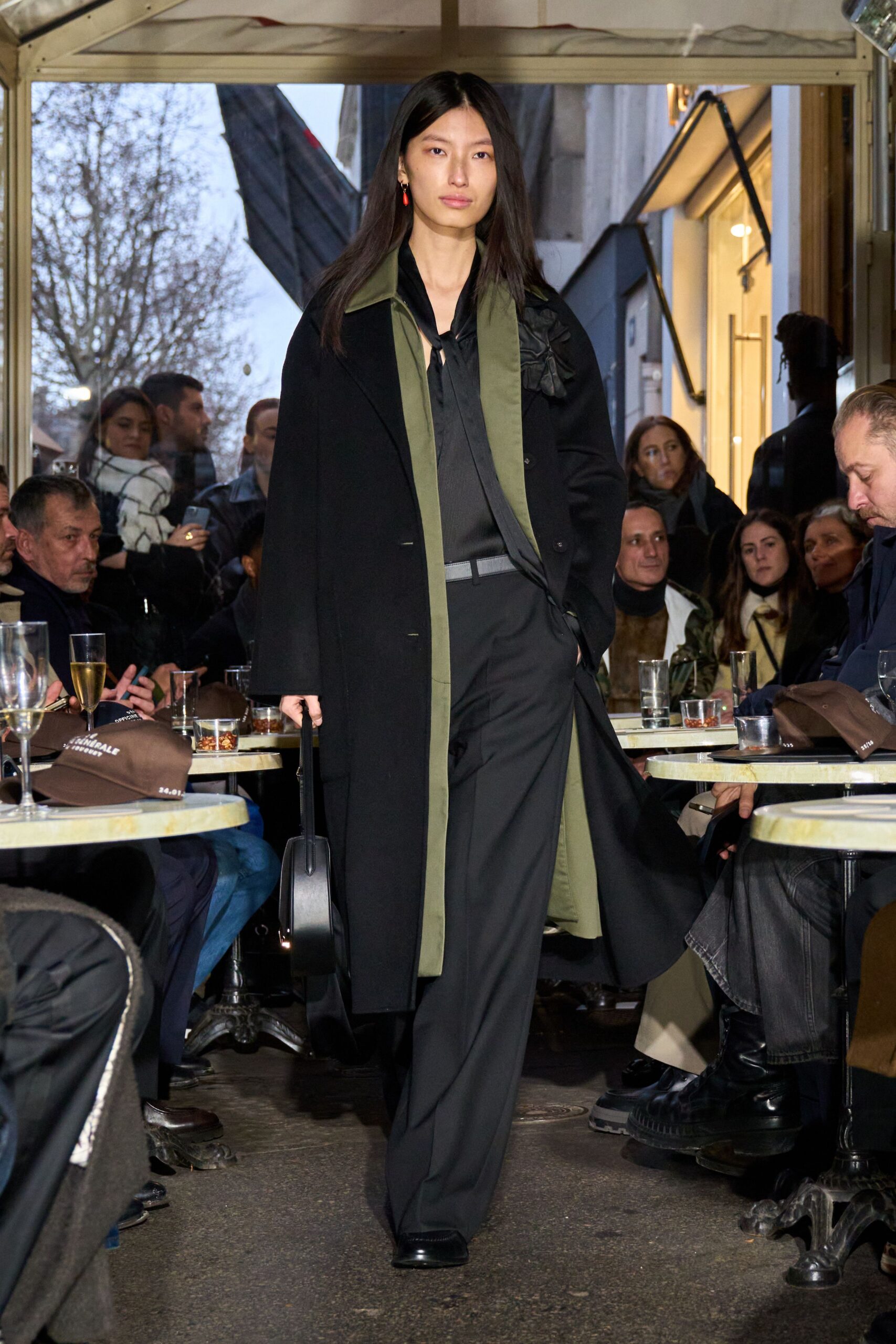 black wool long-sleeve collared relaxed buttoned coat