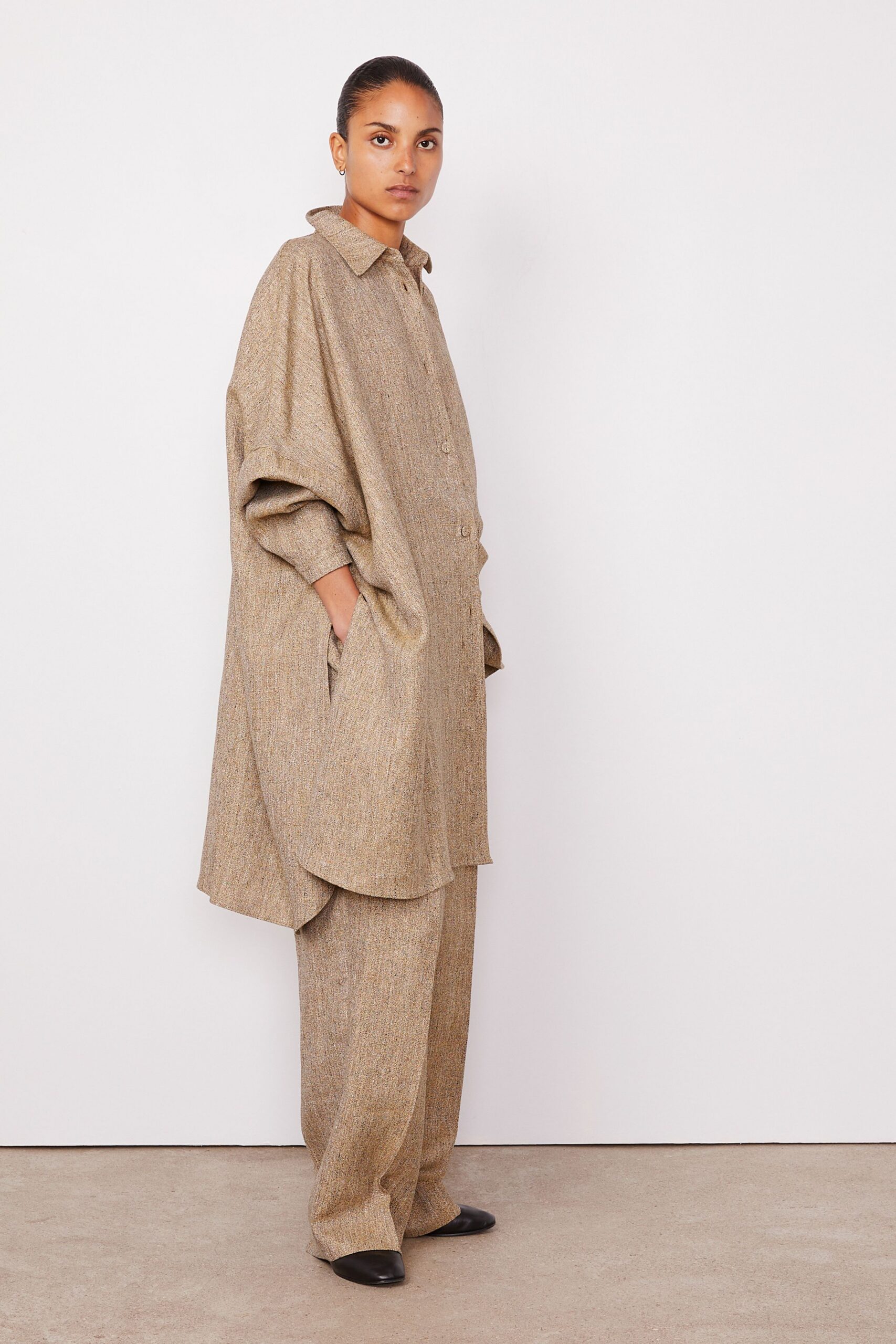 beige cotton long-sleeve collared oversized pockets short shirt-dress