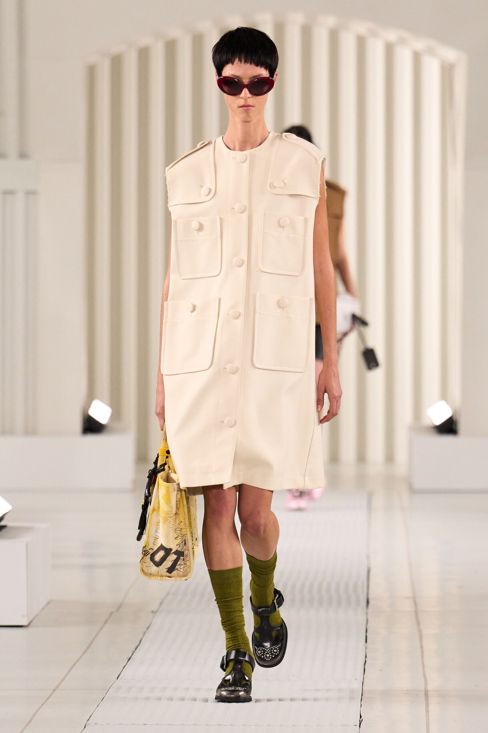 beige cotton sleeveless collared relaxed buttoned pockets dress