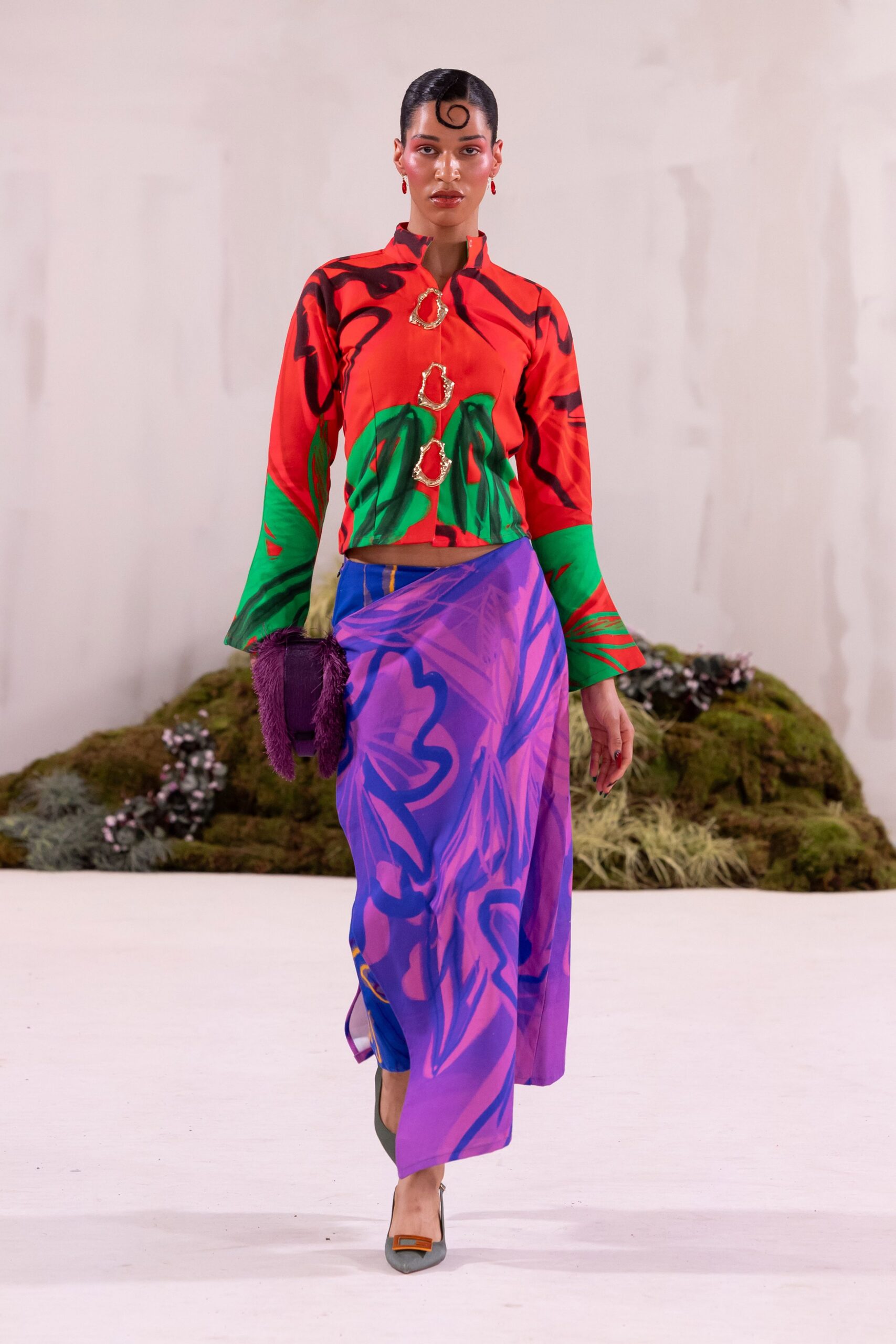 purple slit fitted high-waisted flared printed midi skirt