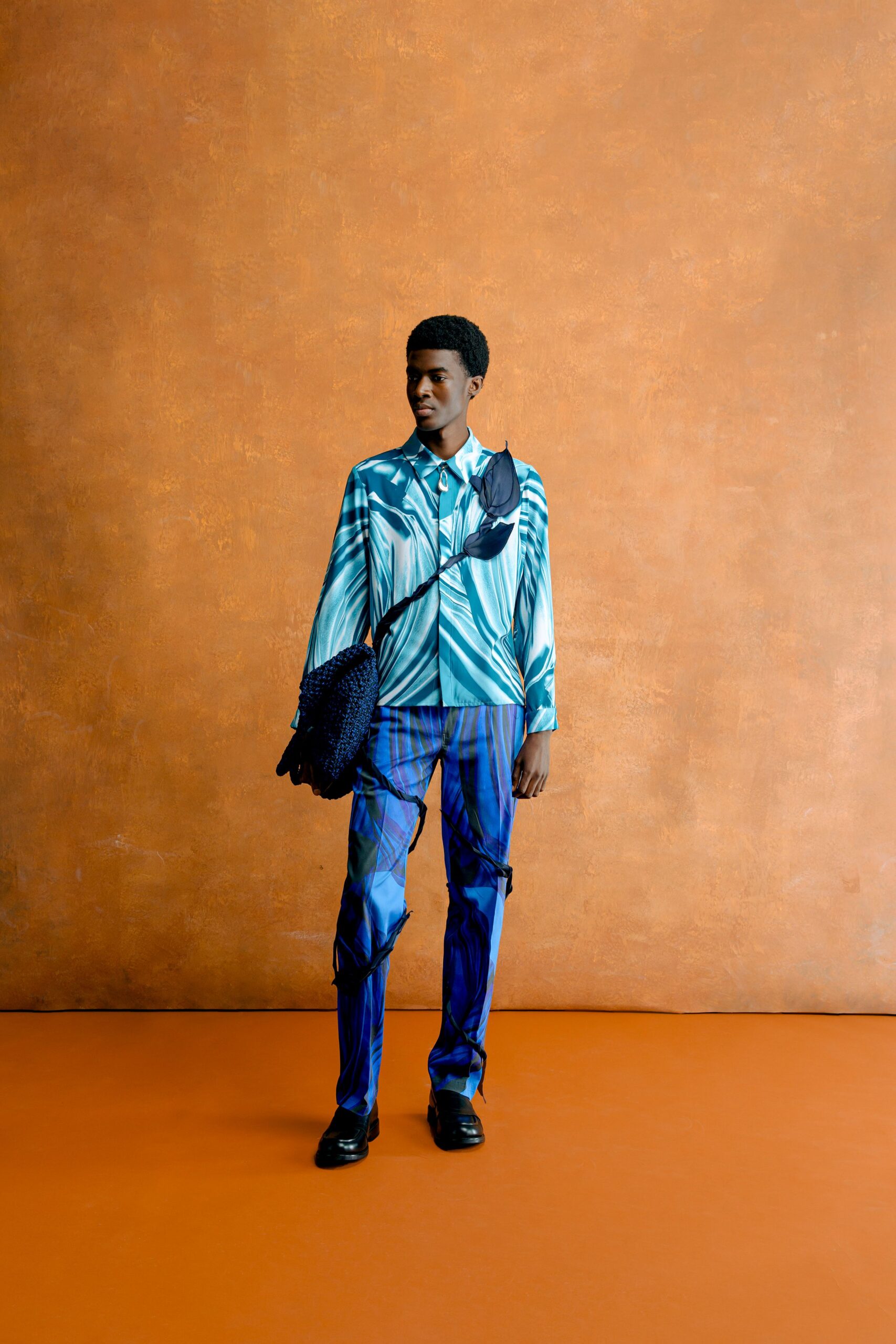 blue printed shirt with slim pants
