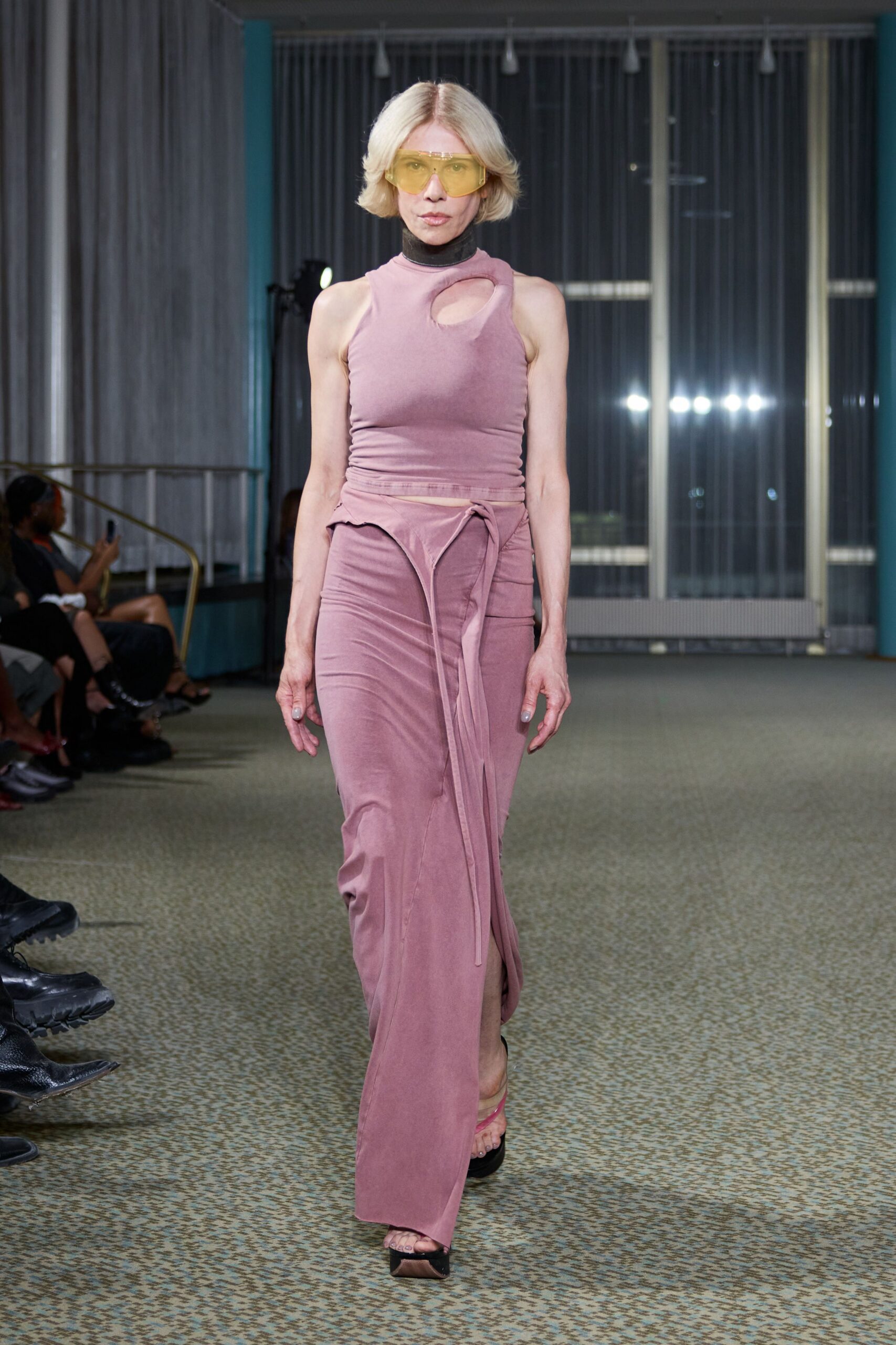 pink cotton sleeveless high-neck fitted ruched belted dress