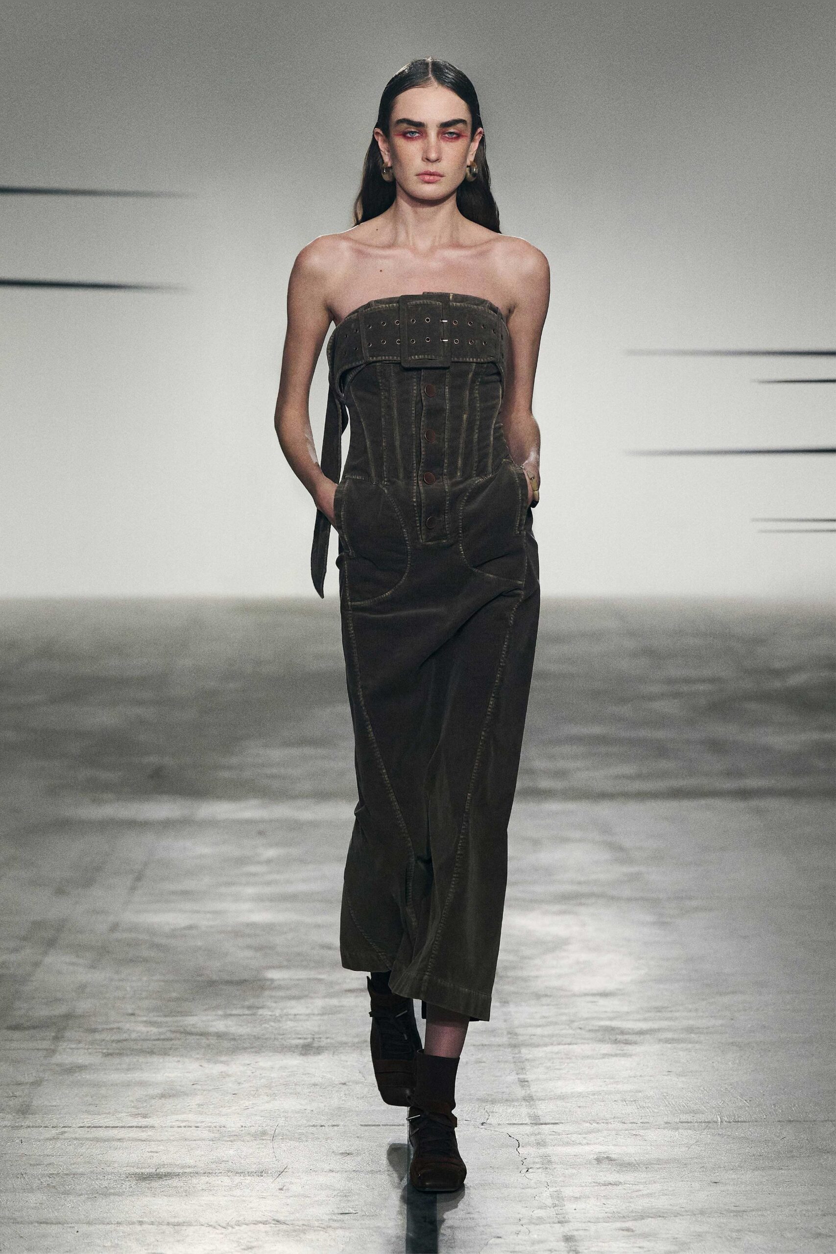brown cotton strapless fitted buttoned pockets midi jumpsuit