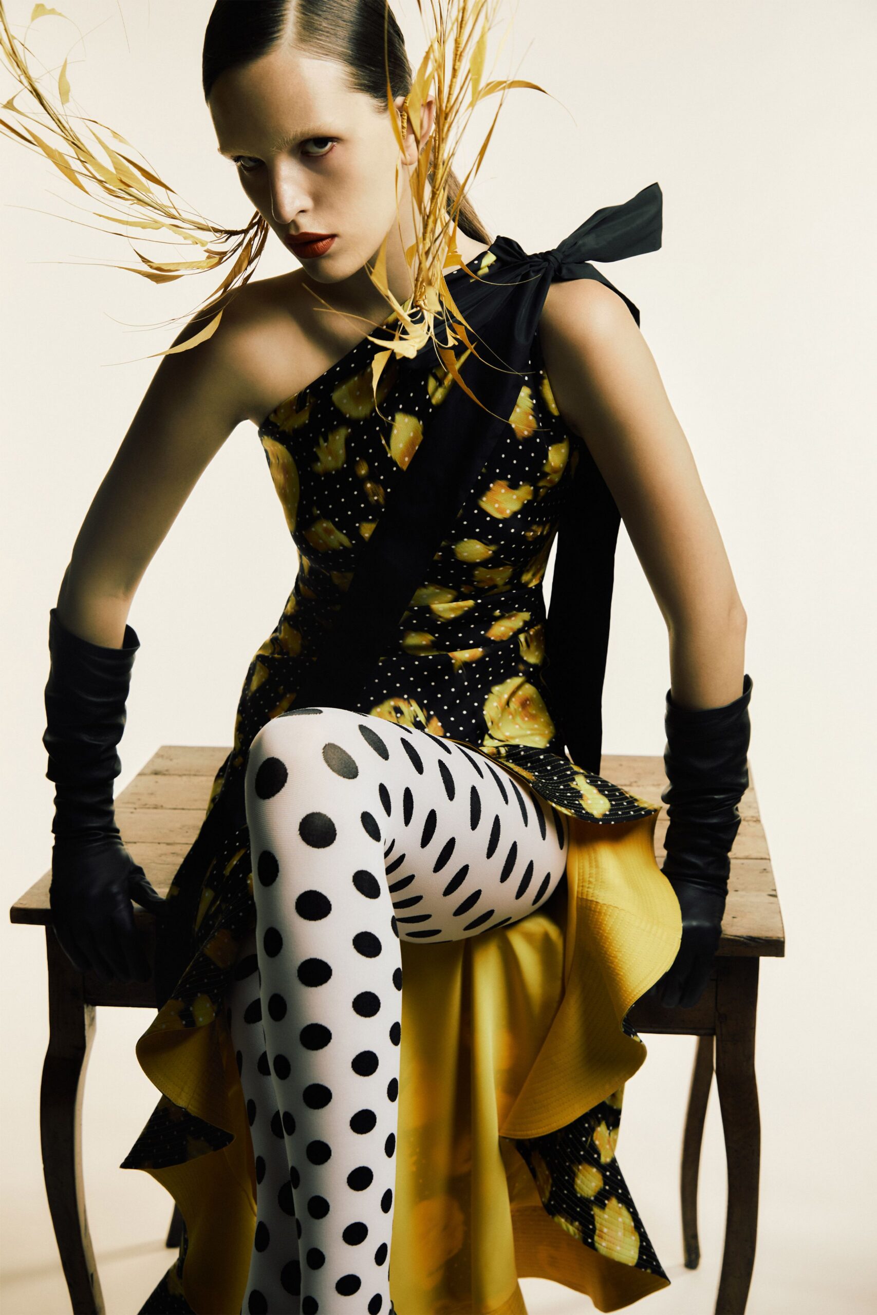 yellow silk sleeveless halter fitted ruffled flared dress