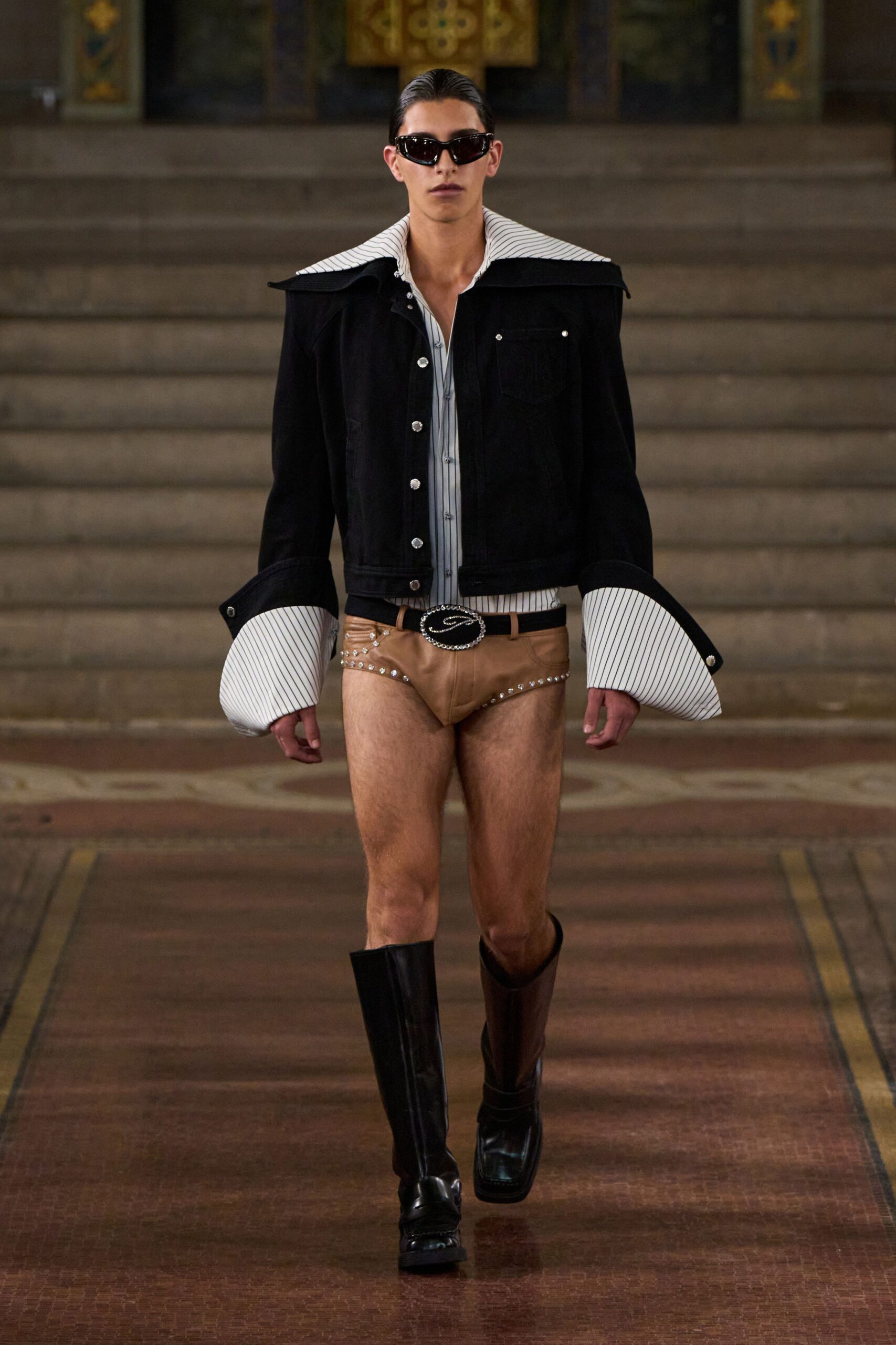 black denim long-sleeve collared structured buttoned zippered jacket