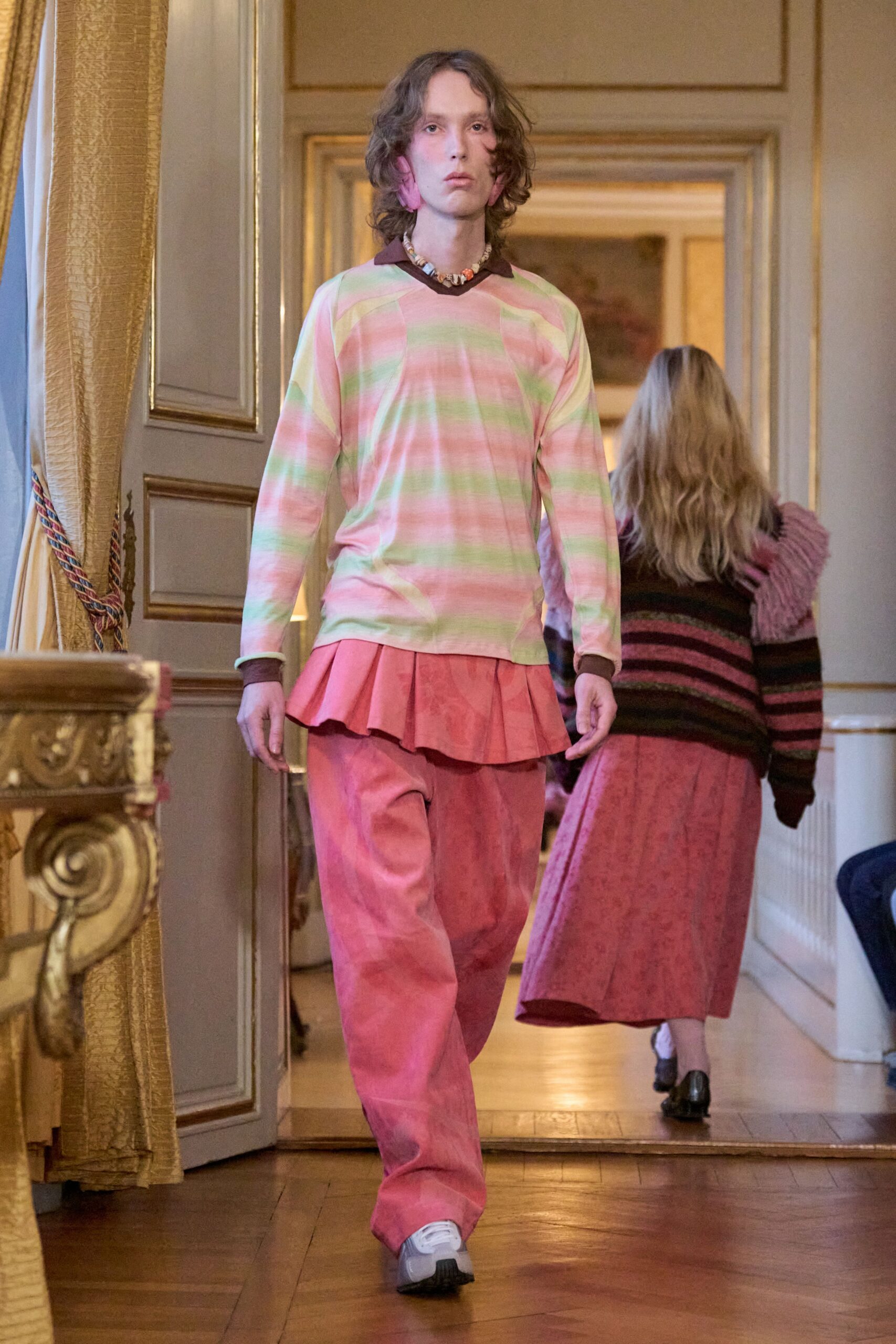 pink cotton long-sleeve collared relaxed striped layered top