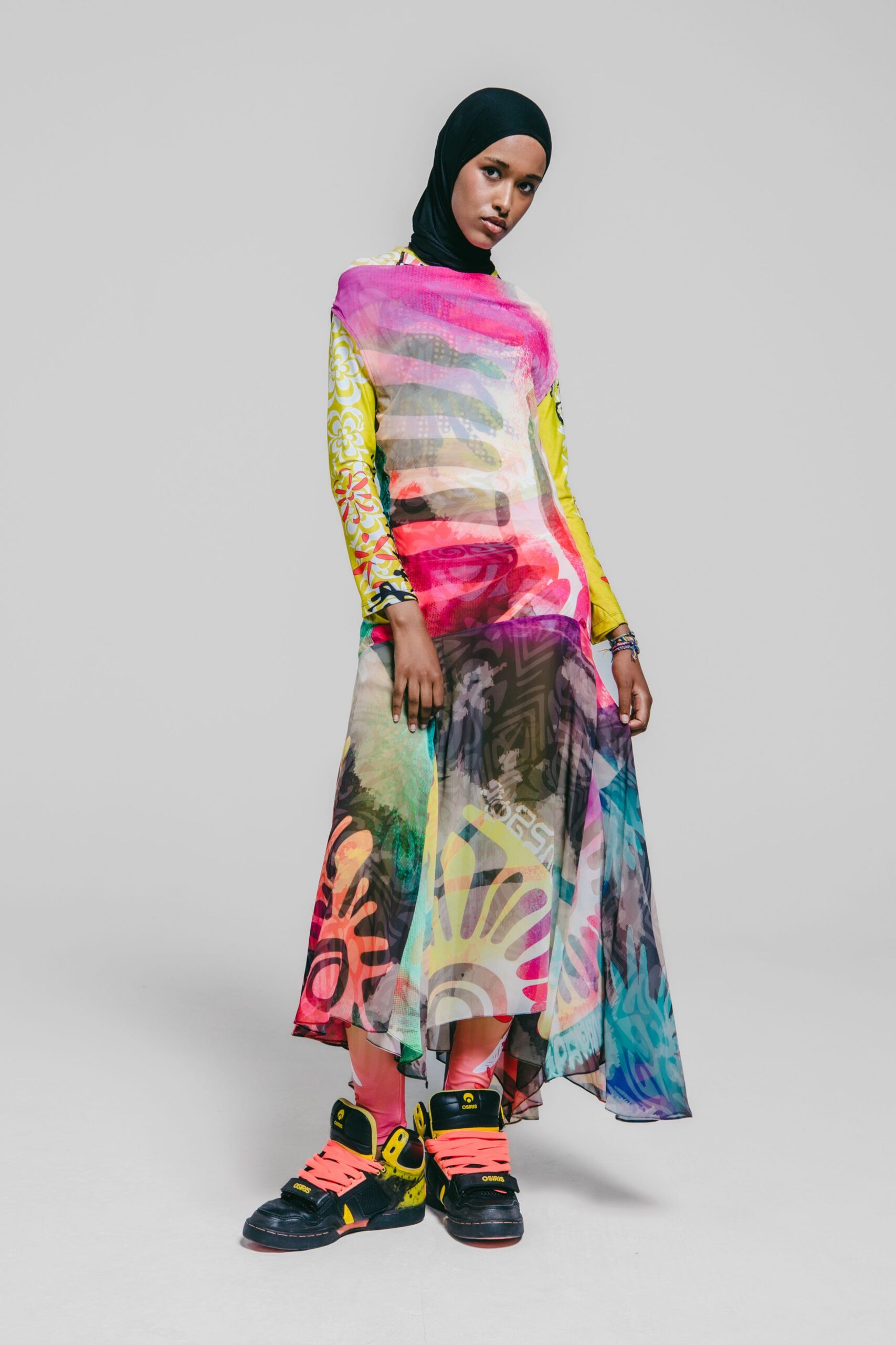 multi chiffon long-sleeve high-neck relaxed layered printed dress