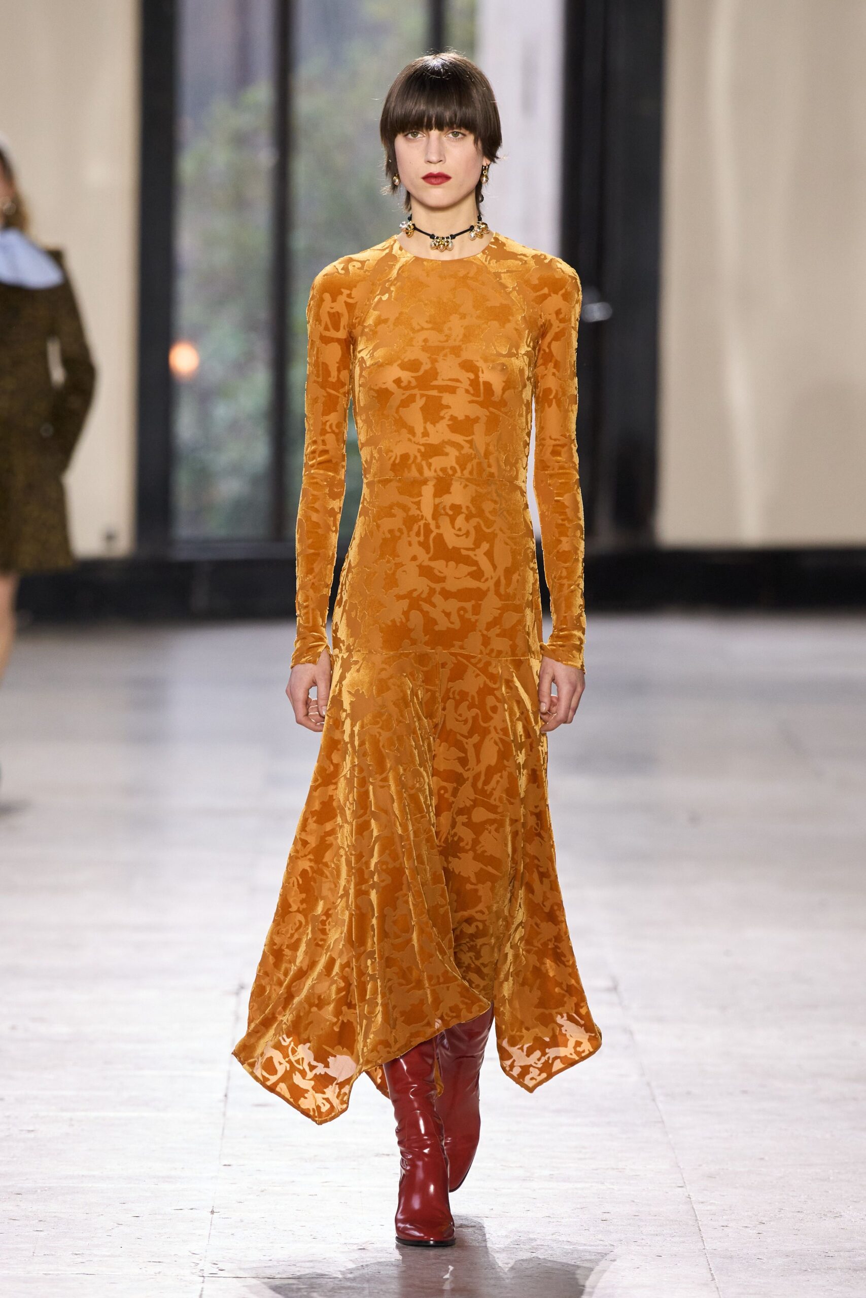 orange velvet long-sleeve high-neck fitted flared midi dress