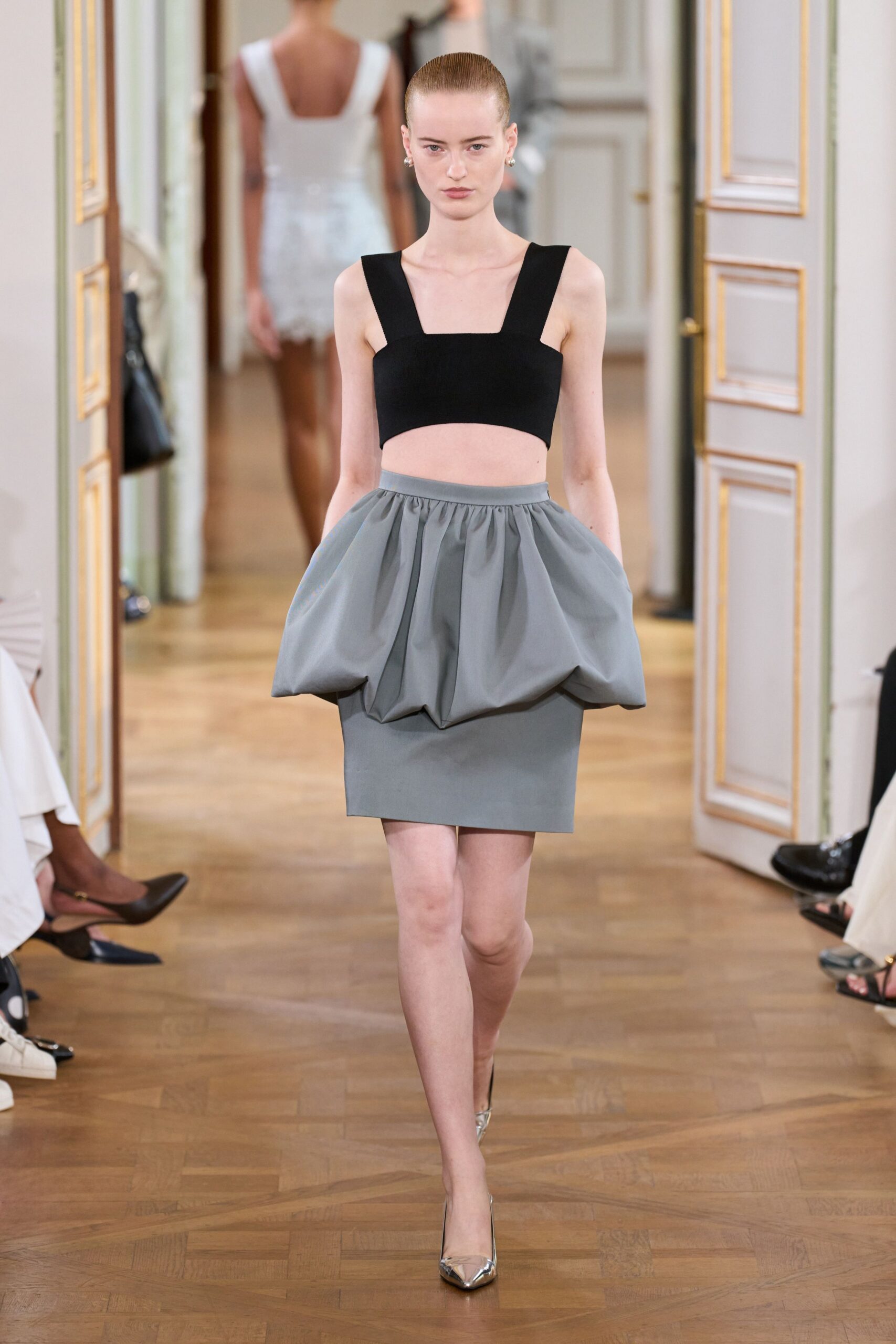gray cotton structured pleated skirt