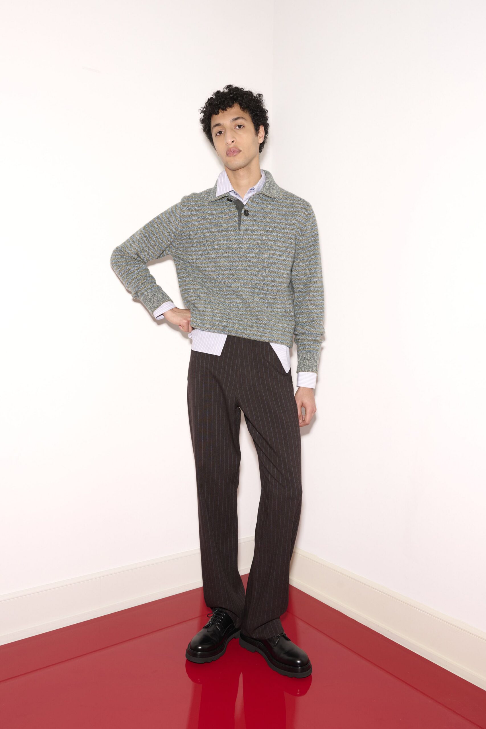 gray wool long-sleeve collared relaxed textured sweater
