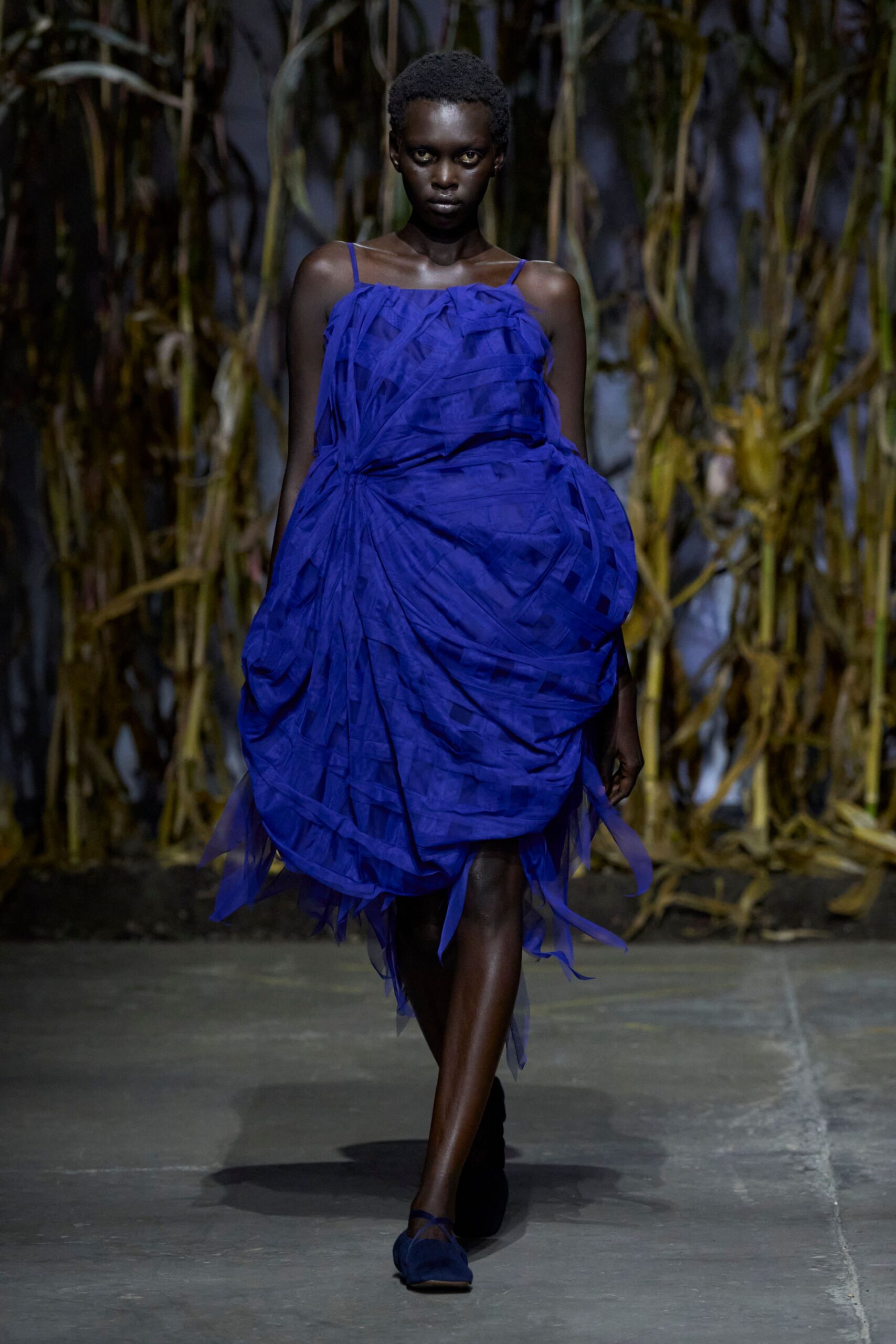 blue silk sleeveless v-neck fitted draped flowing dress