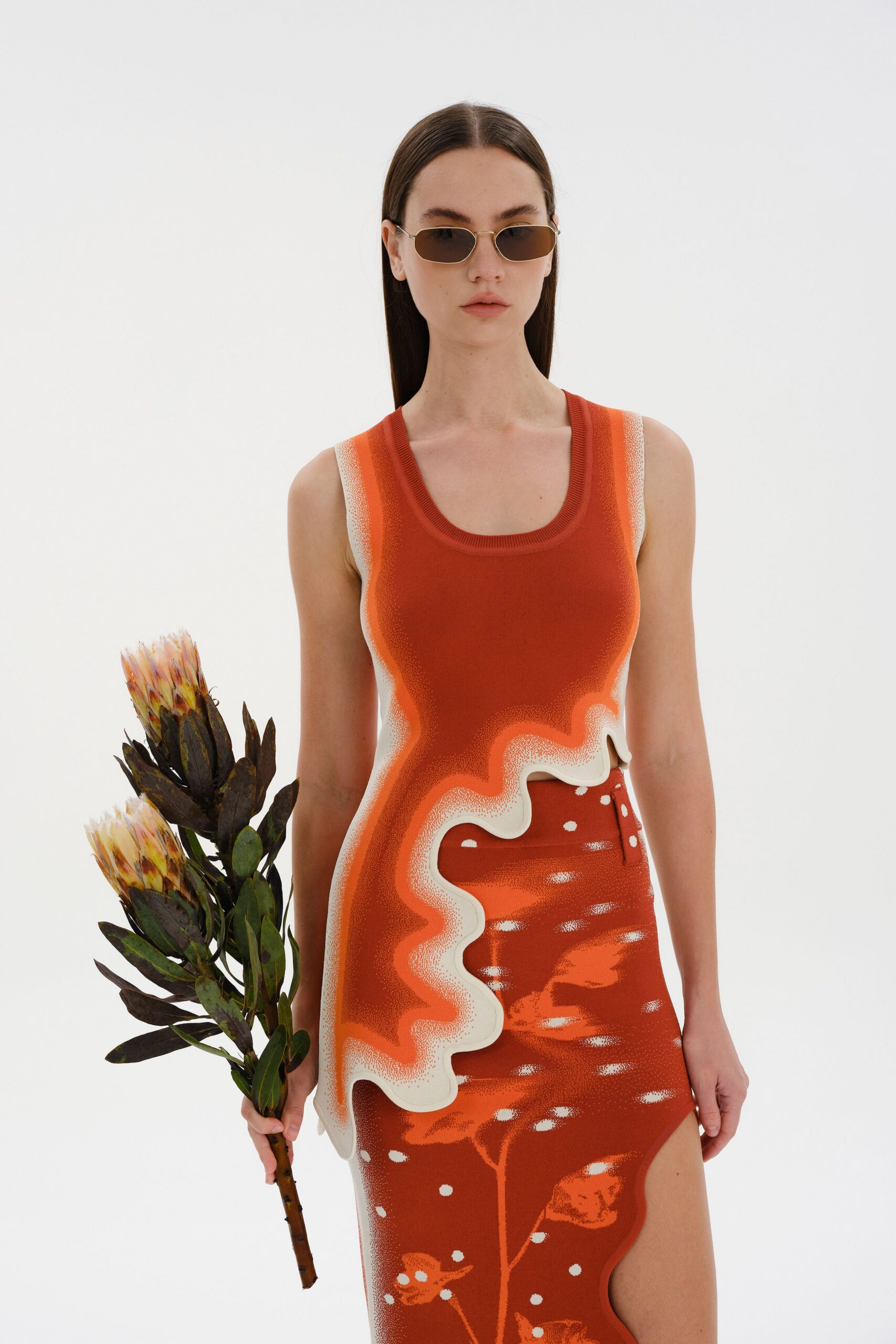 orange cotton sleeveless high-neck fitted printed midi dress