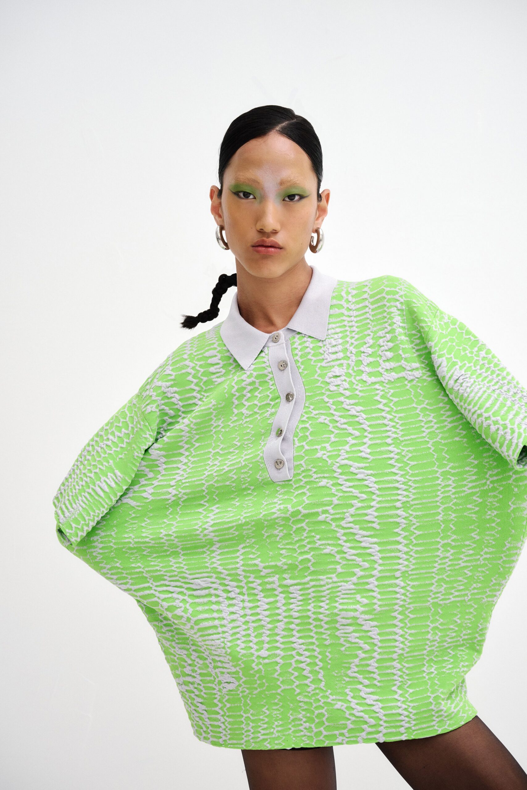 green oversized collared dress