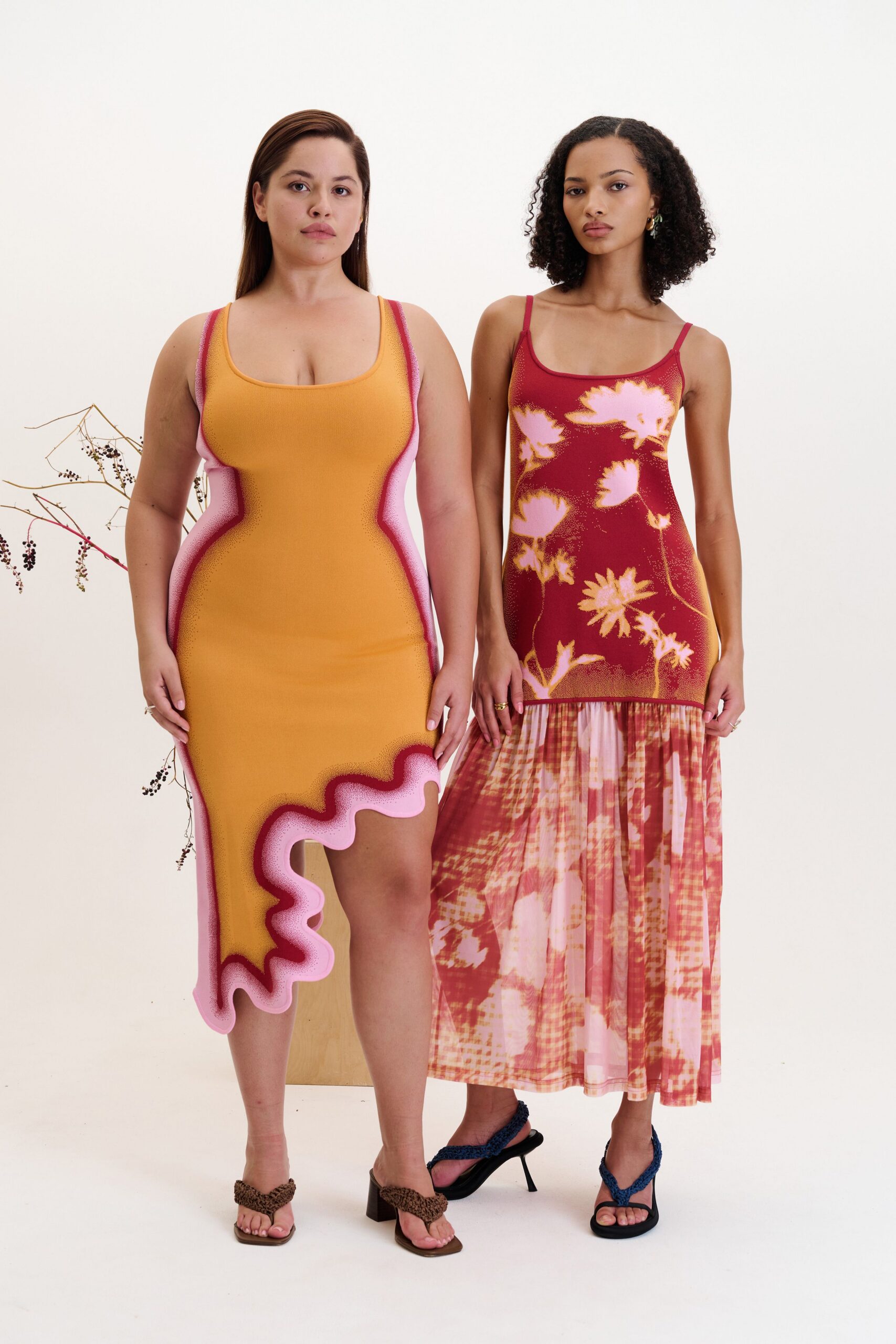 orange and pink fitted dress, red floral maxi dress