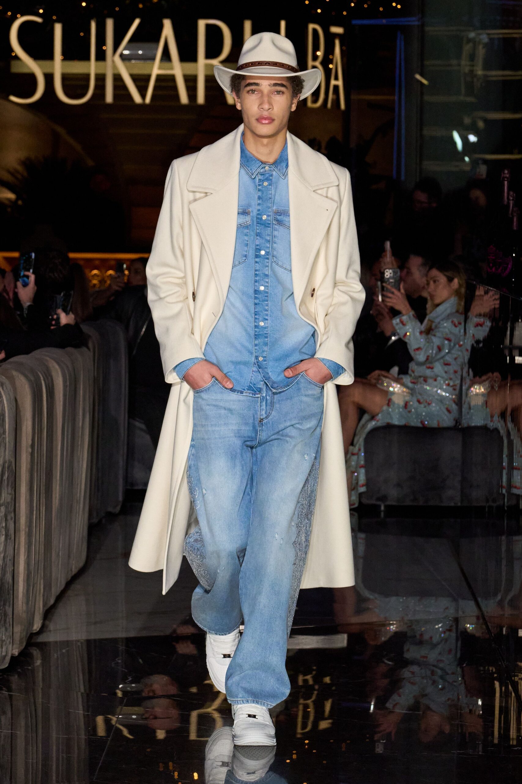 white coat blue denim outfit