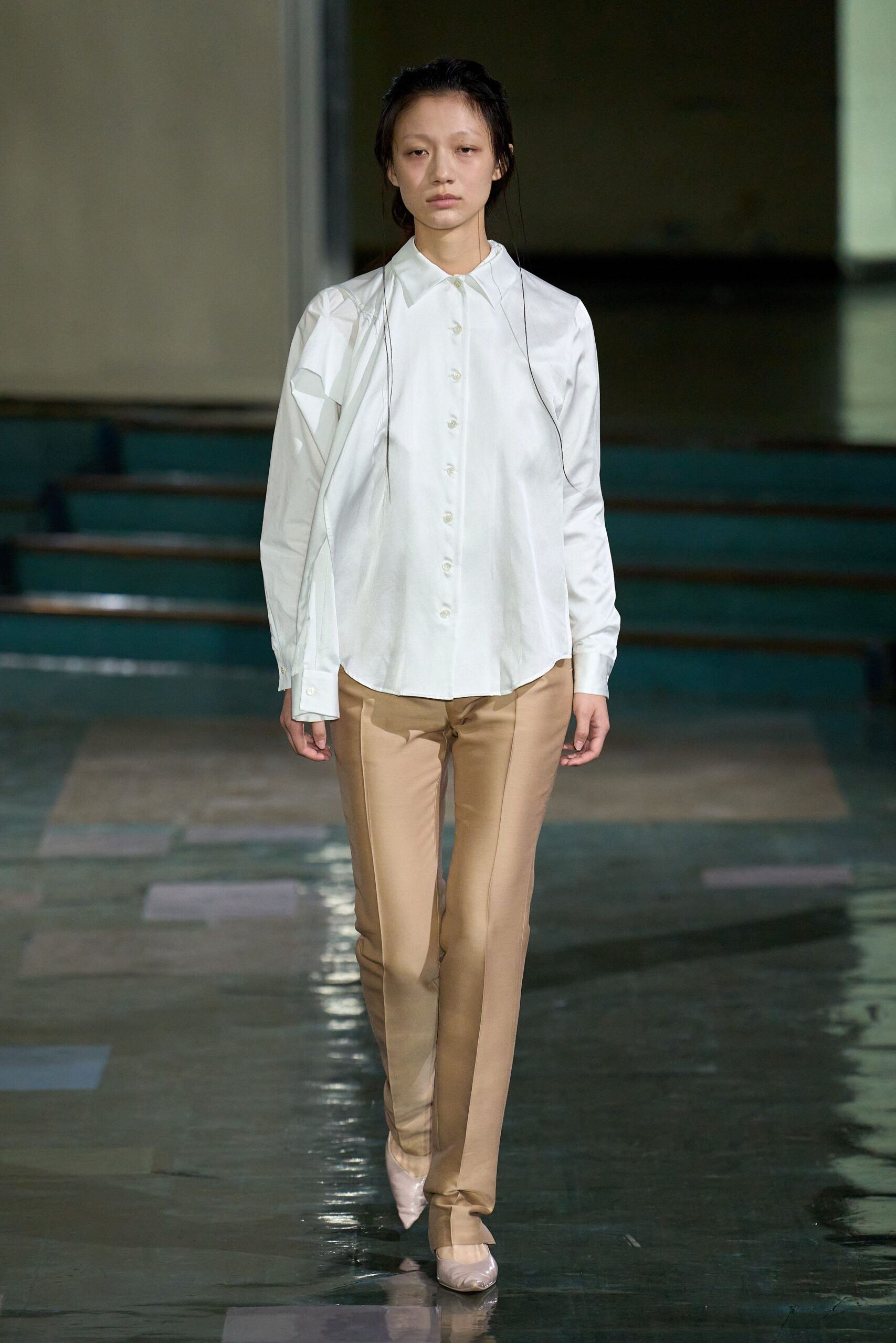 white fitted shirt beige pants