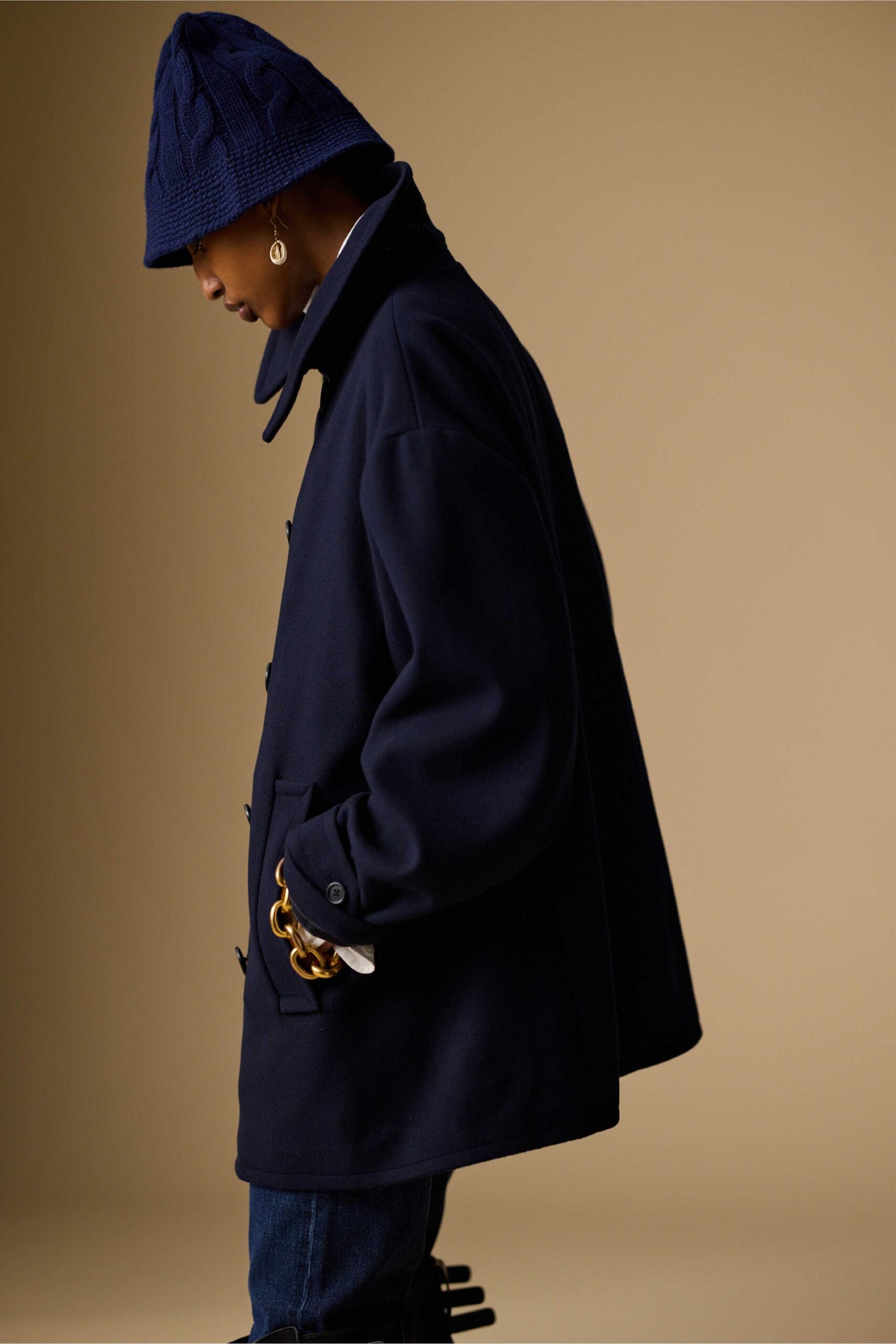 blue wool long-sleeve collared oversized buttoned coat