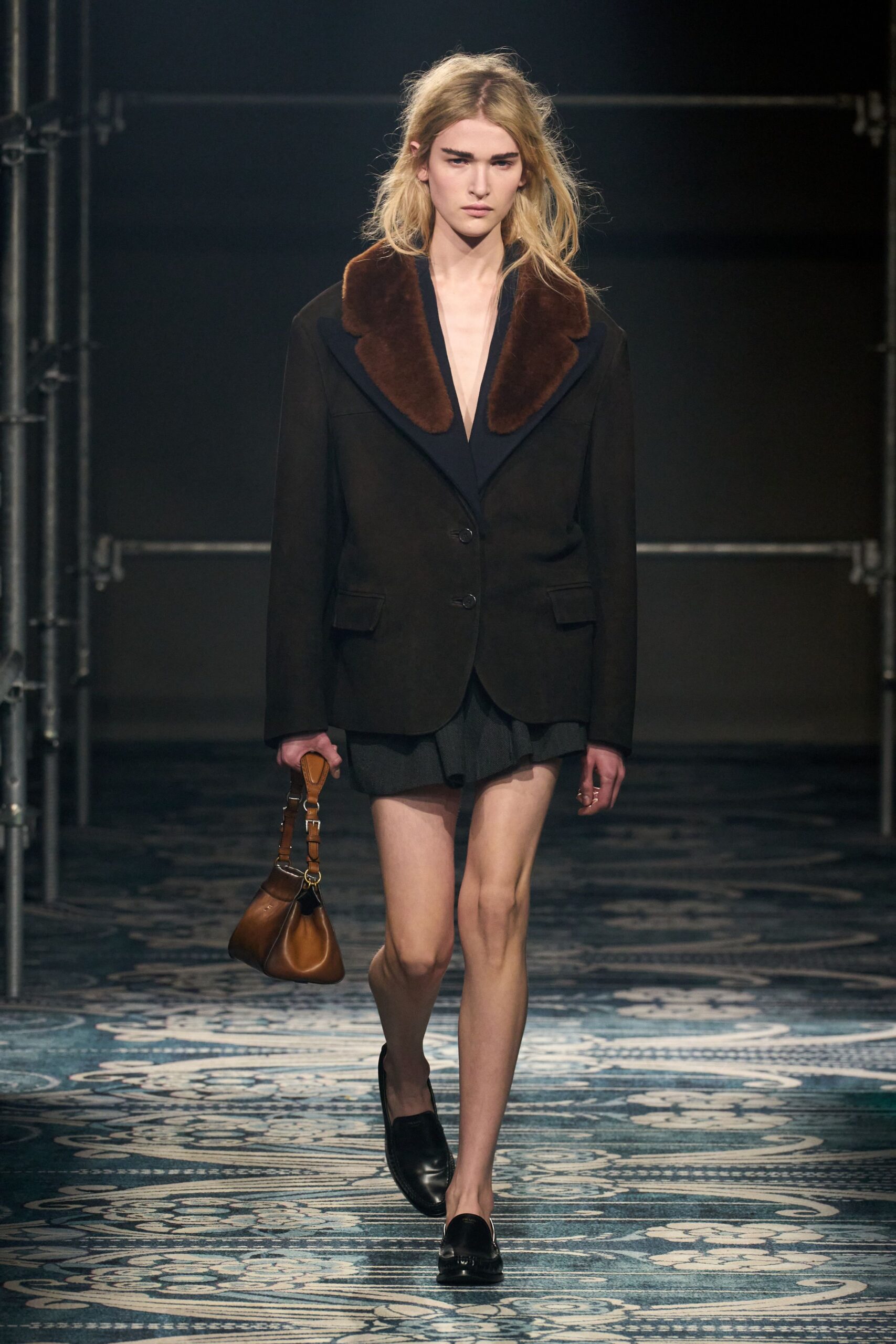 black fitted jacket with brown collar