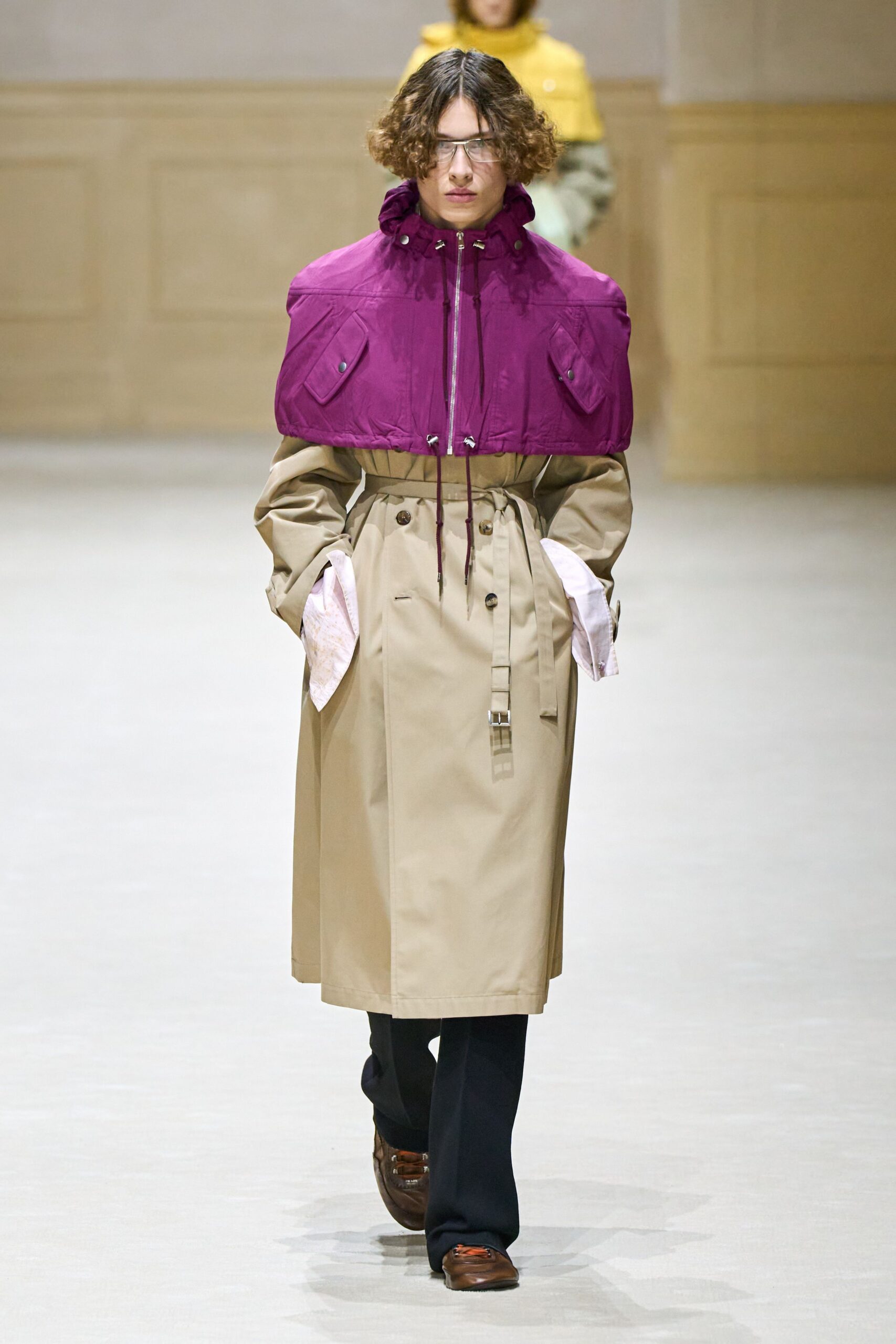 beige and purple coat with shirt and pants