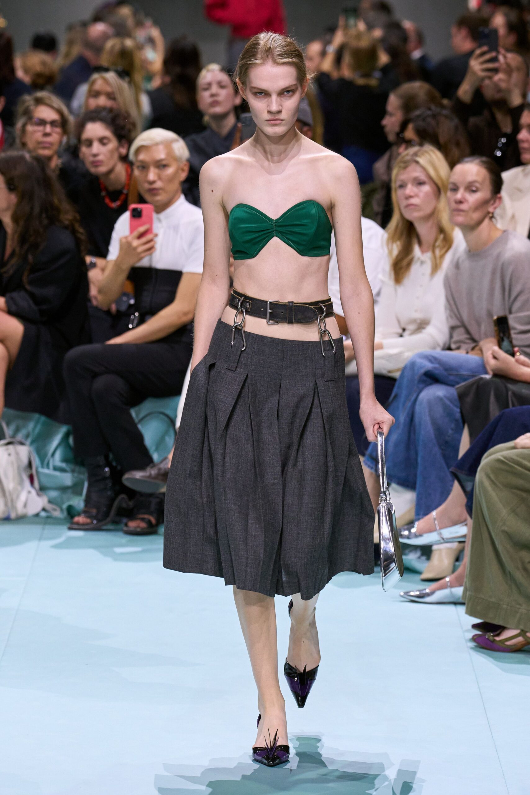 green sleeveless strapless fitted top
