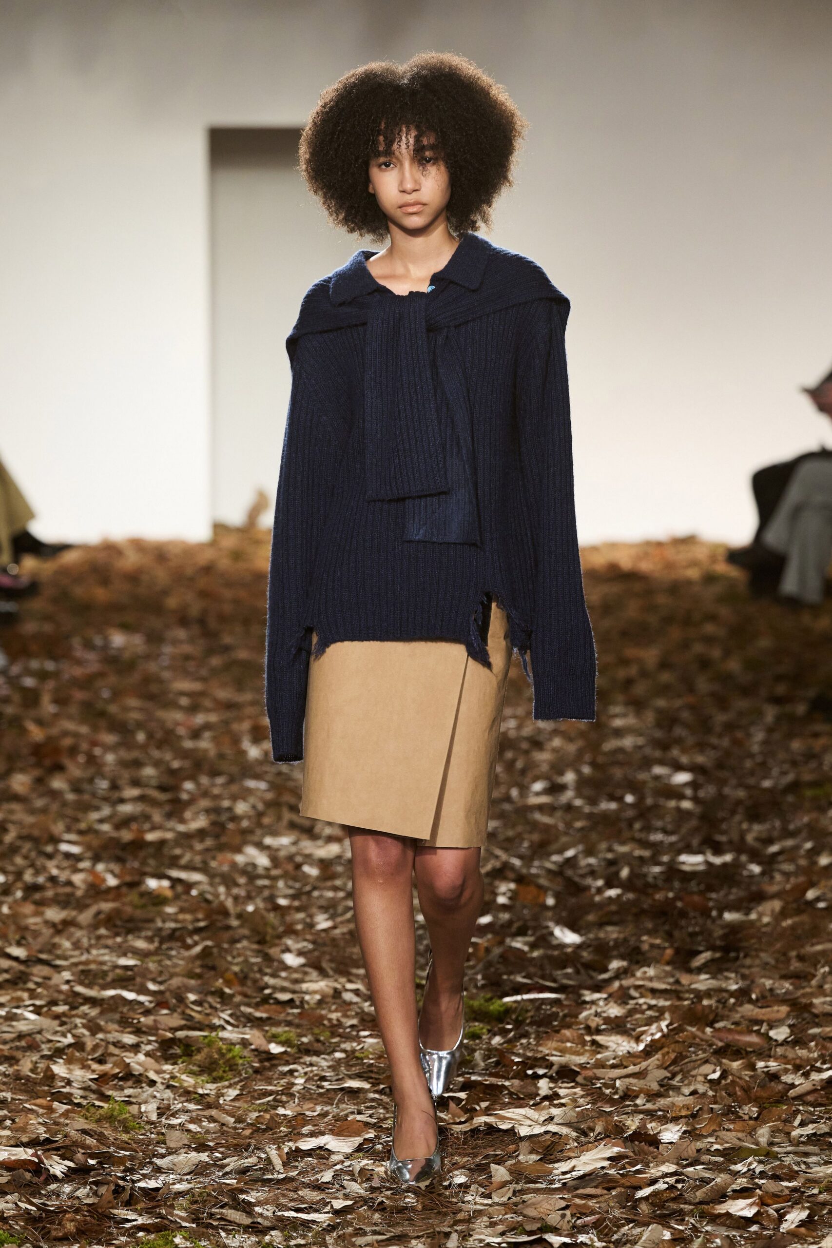 blue wool long-sleeve collared relaxed layered sweater