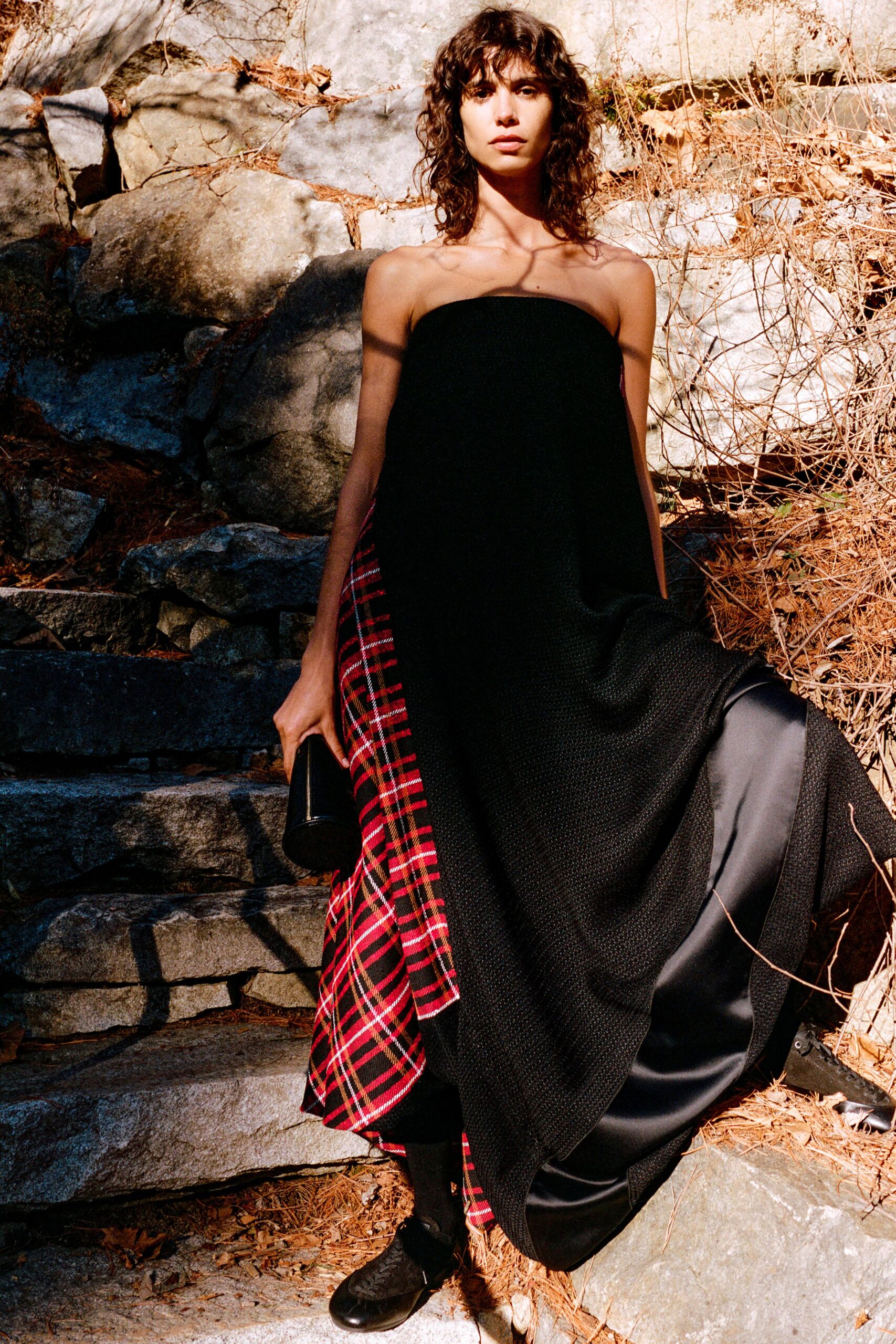 black cotton strapless fitted checked layered maxi dress