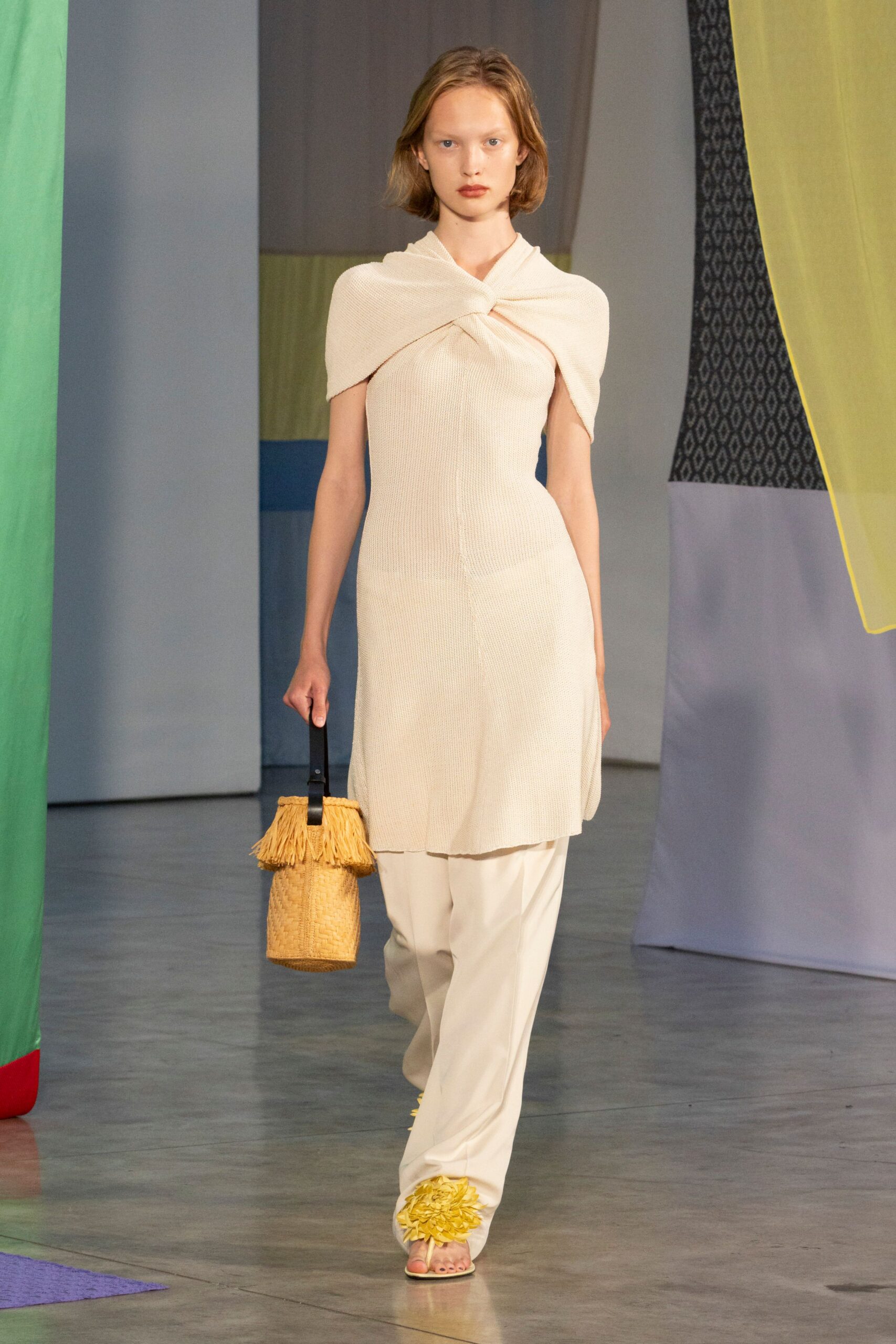 beige cotton sleeveless high-neck fitted draped short dress
