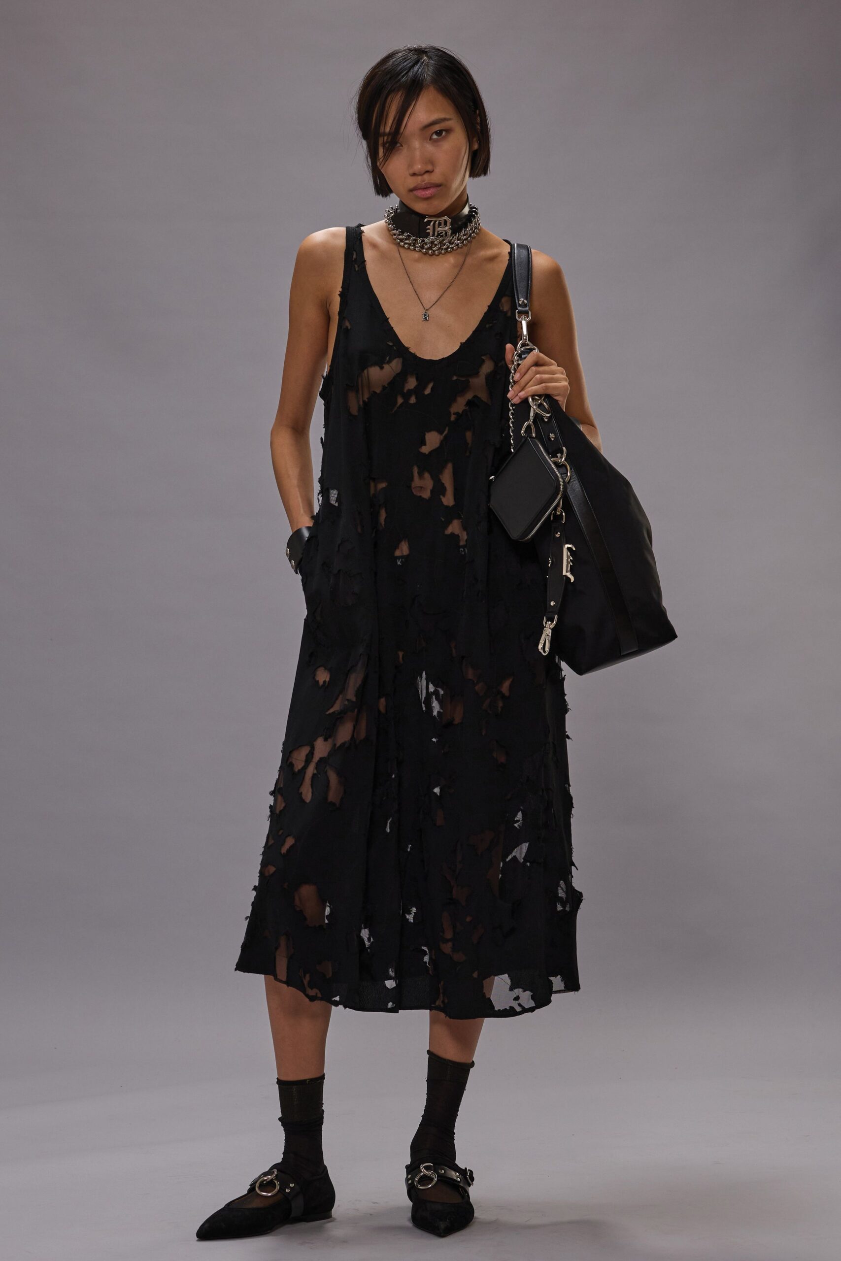 black distressed midi dress