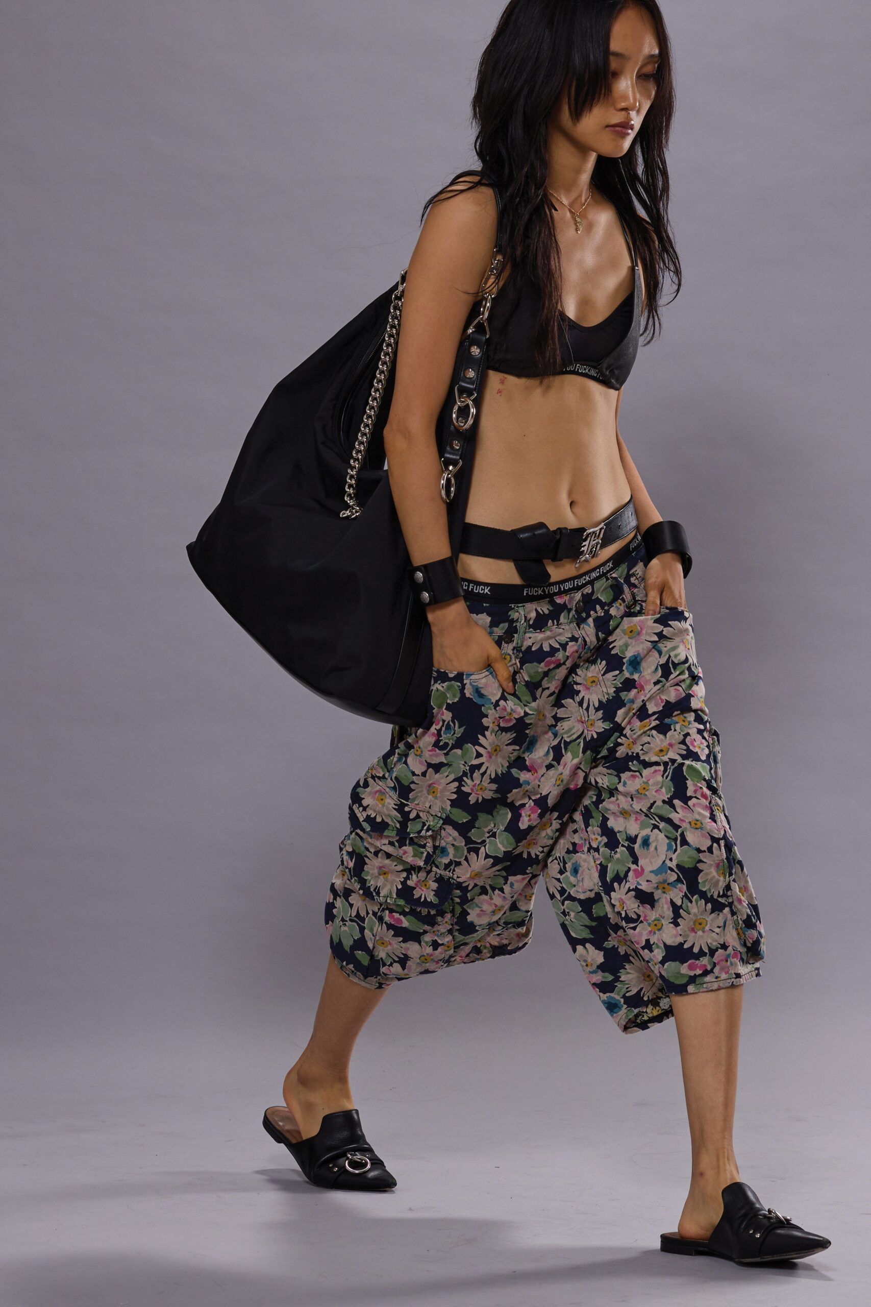 black bra with floral pants