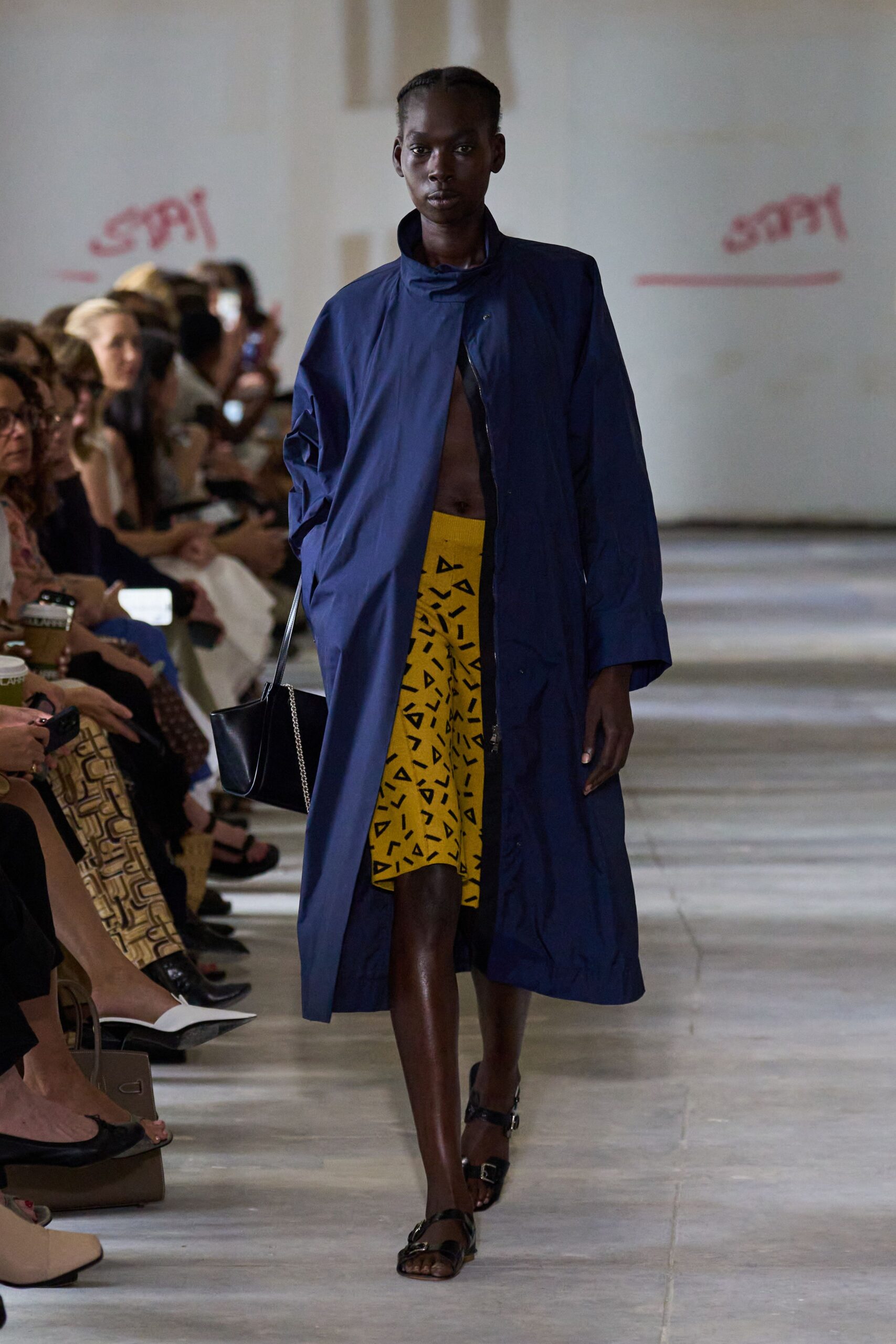 blue coat yellow printed skirt