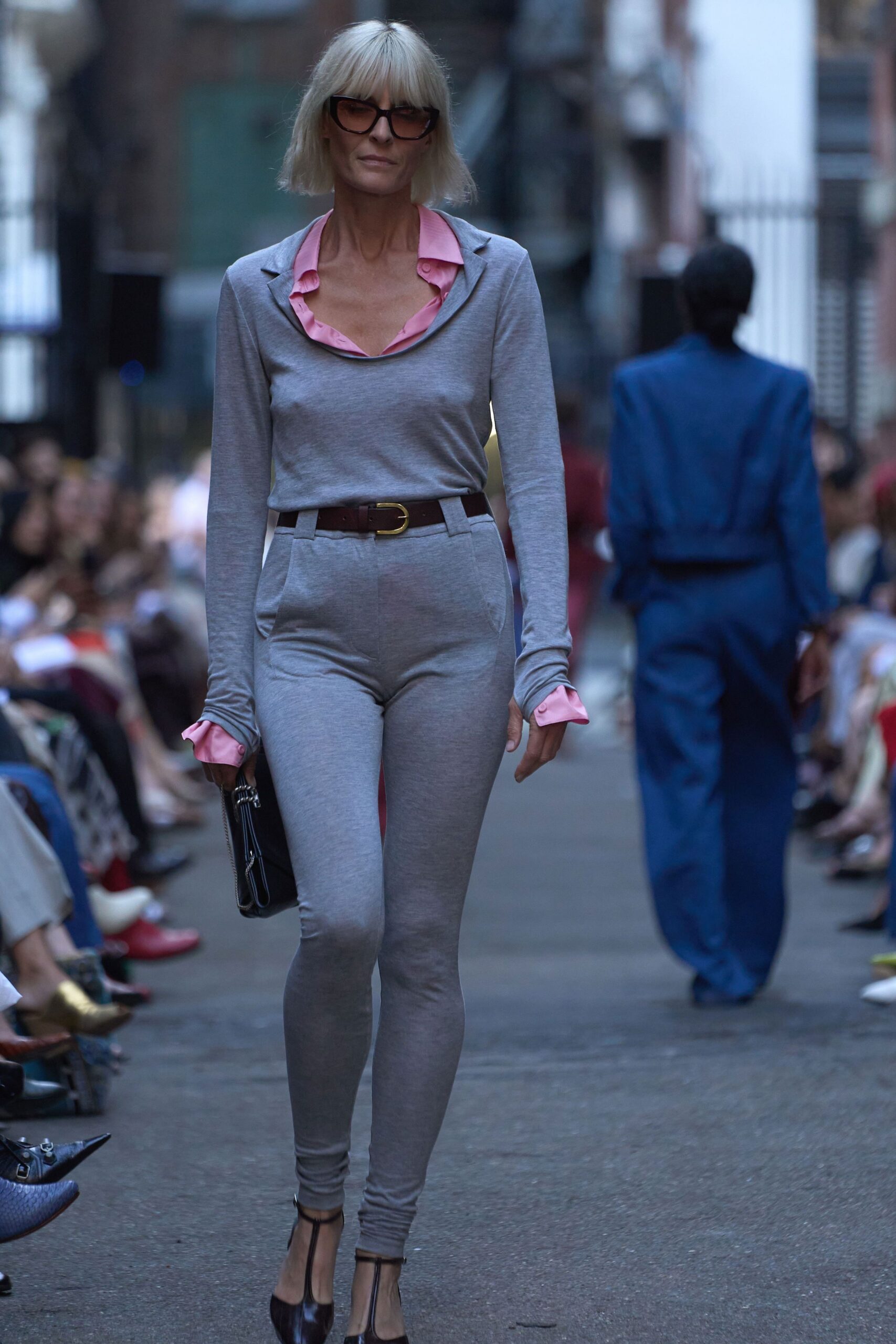 gray cotton long-sleeve collared fitted layered catsuit