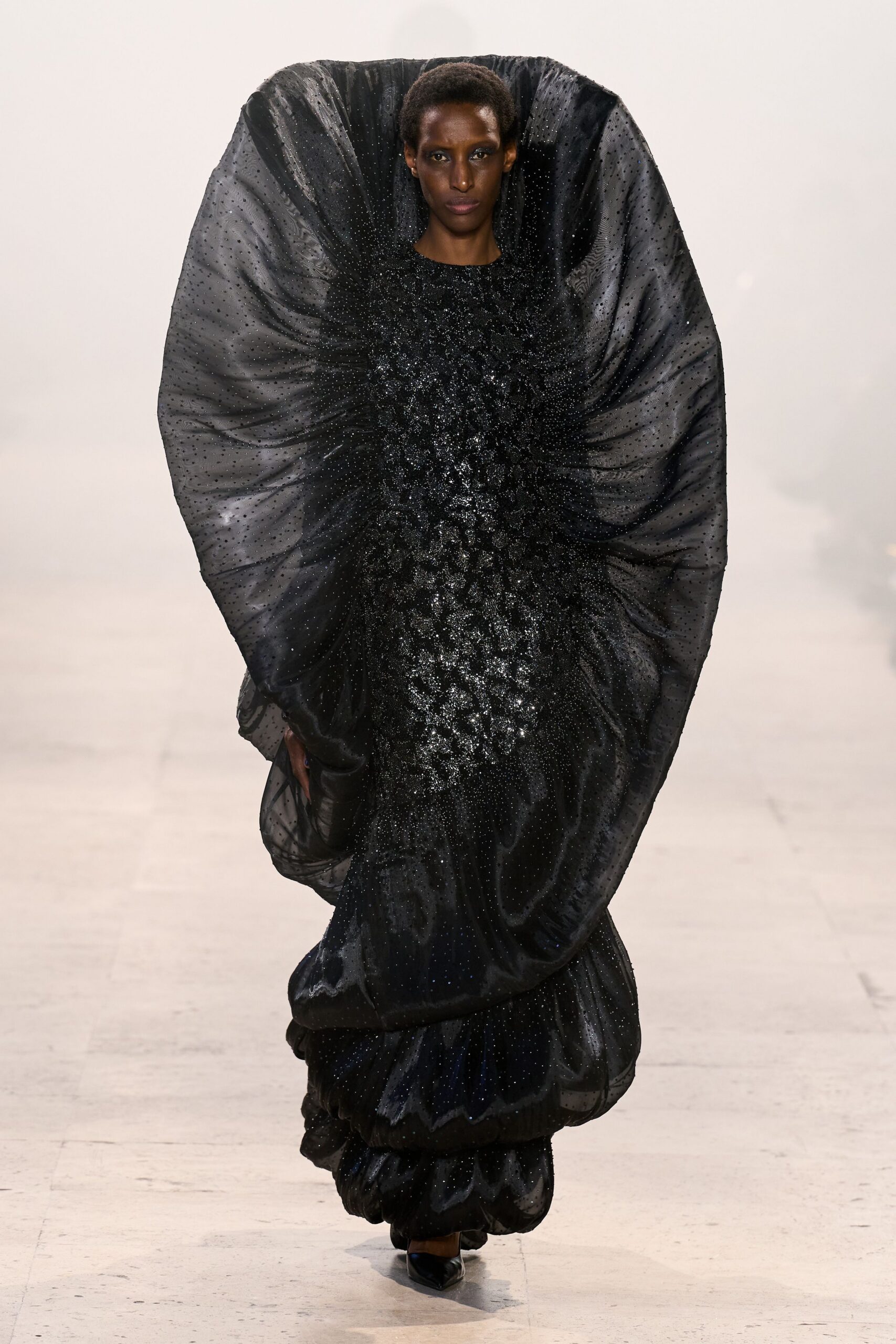 black silk embellished gown