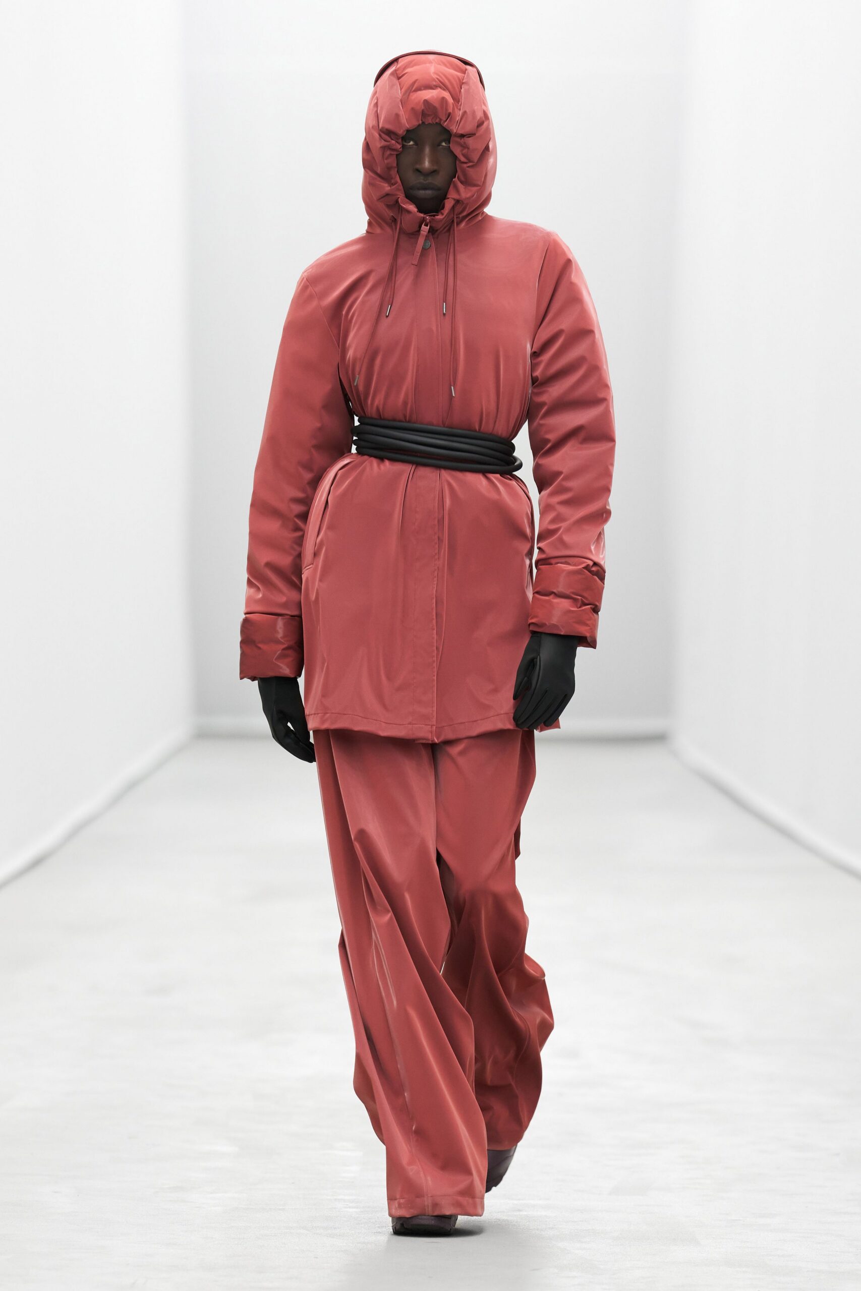 red vinyl parka and pants