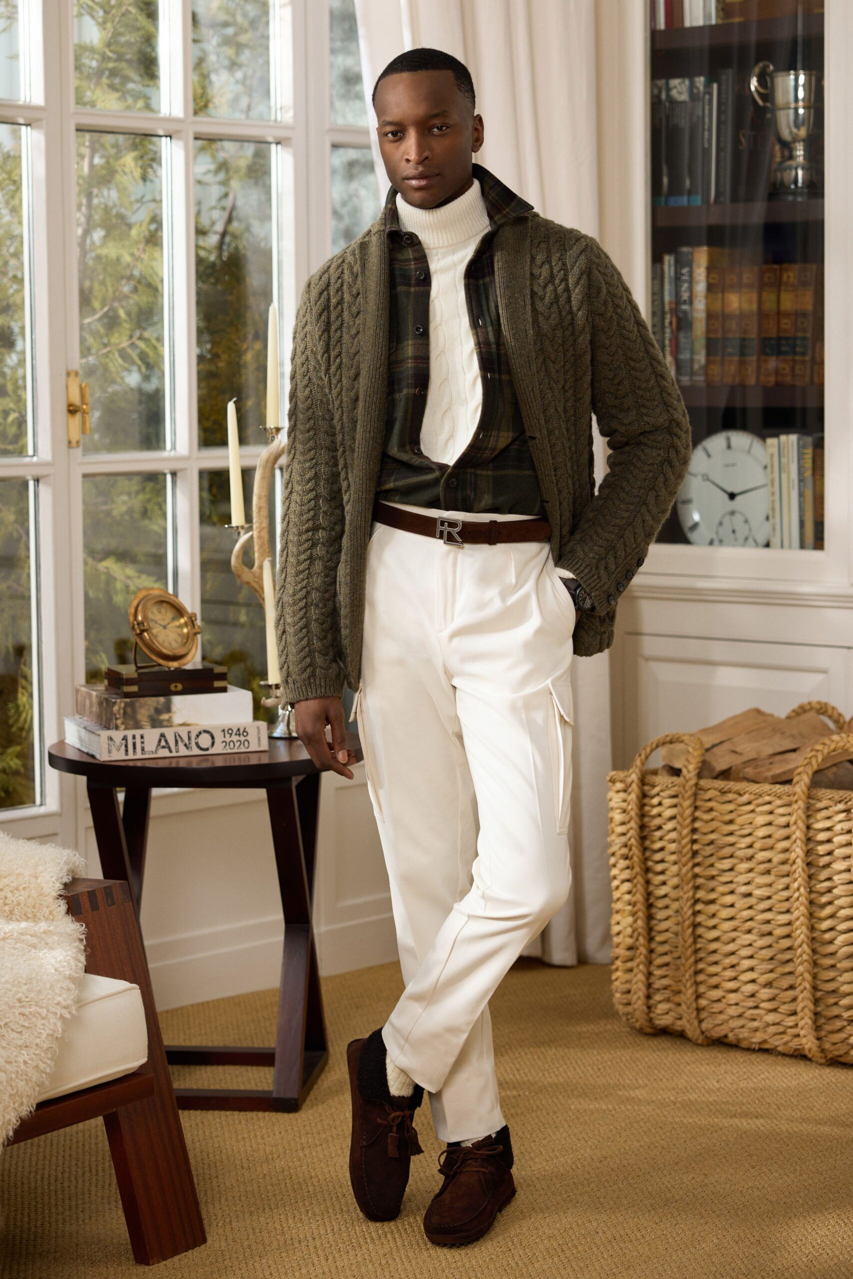 green wool sweater with checked shirt