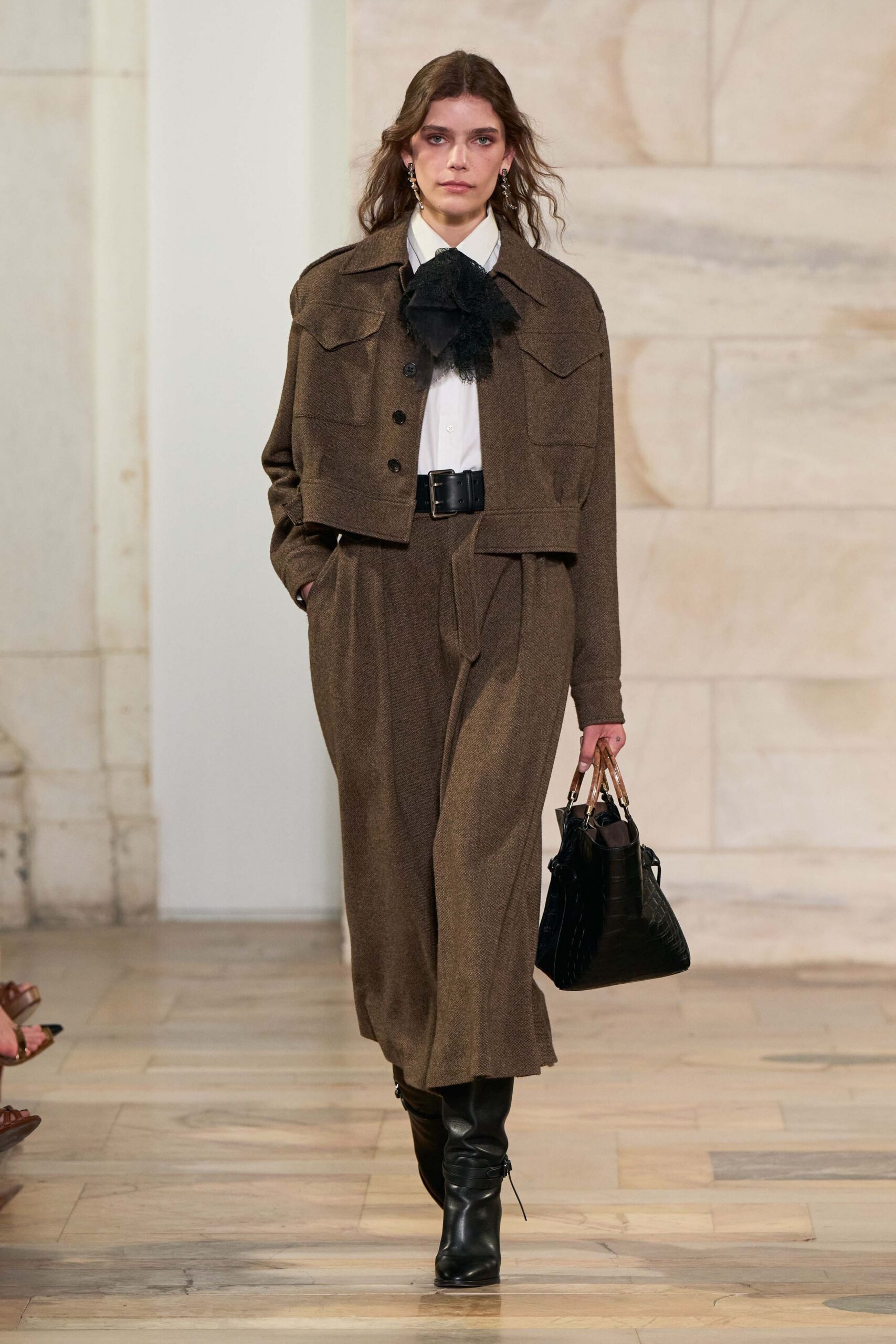 brown wool long-sleeve collared fitted buttoned jacket