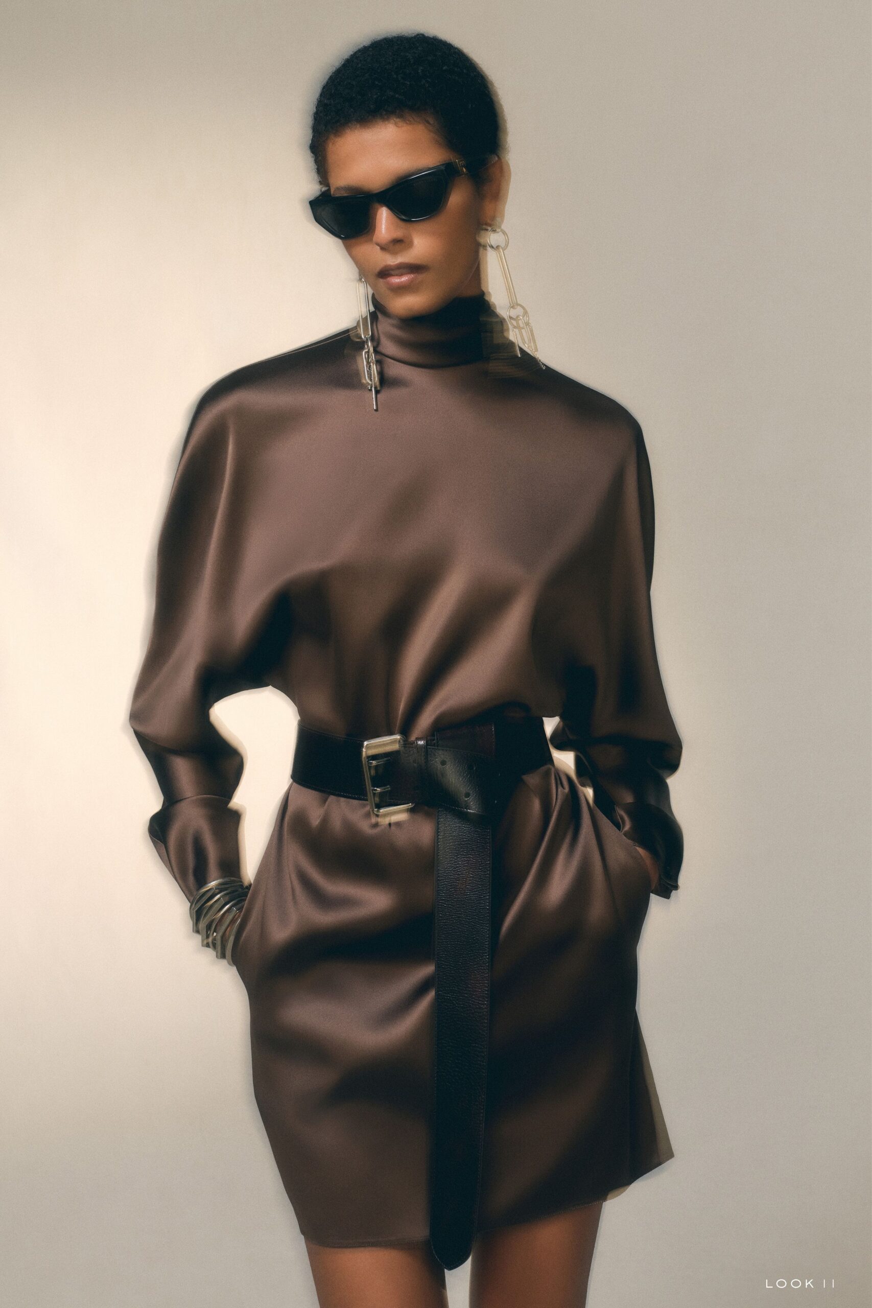 brown silk long-sleeve high-neck fitted belted shiny dress