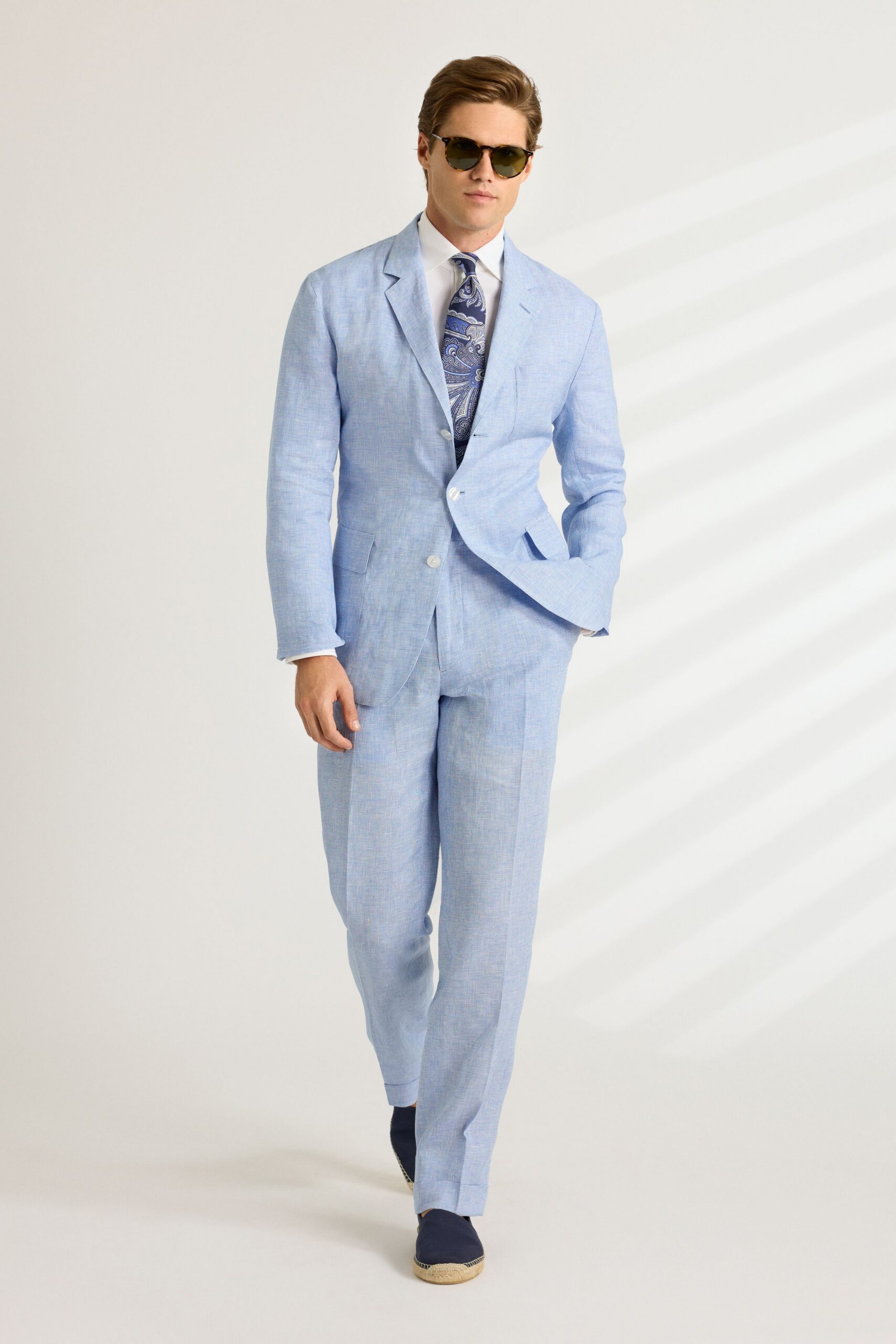 blue linen tailored suit