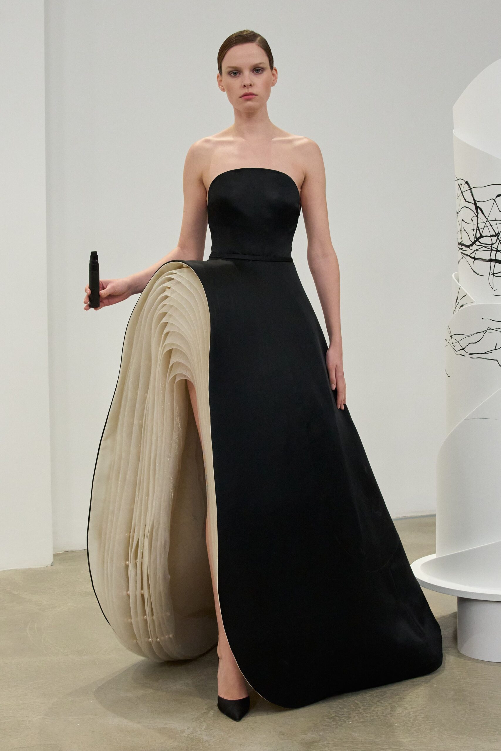 black silk strapless gown