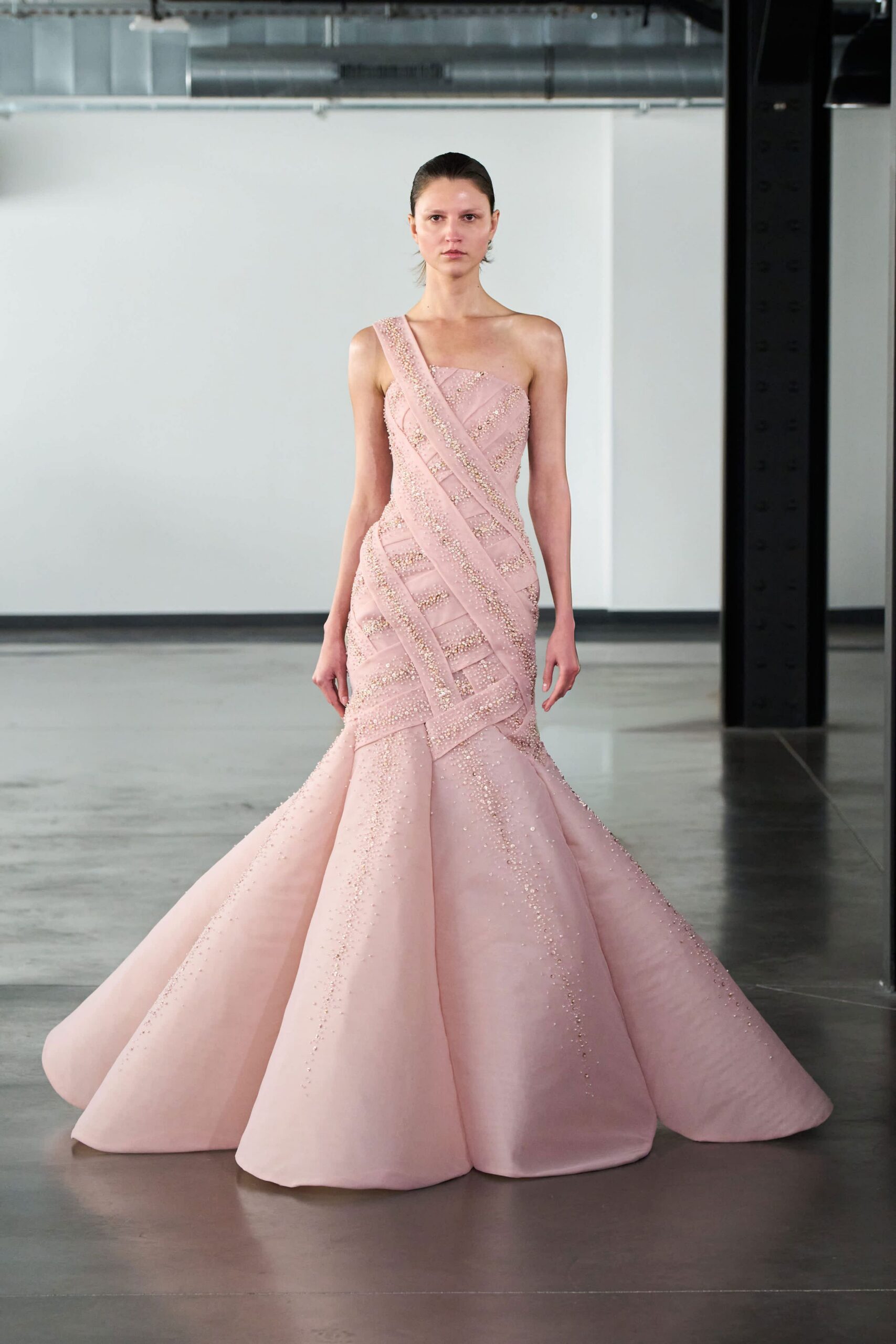 fitted pink embroidered gown